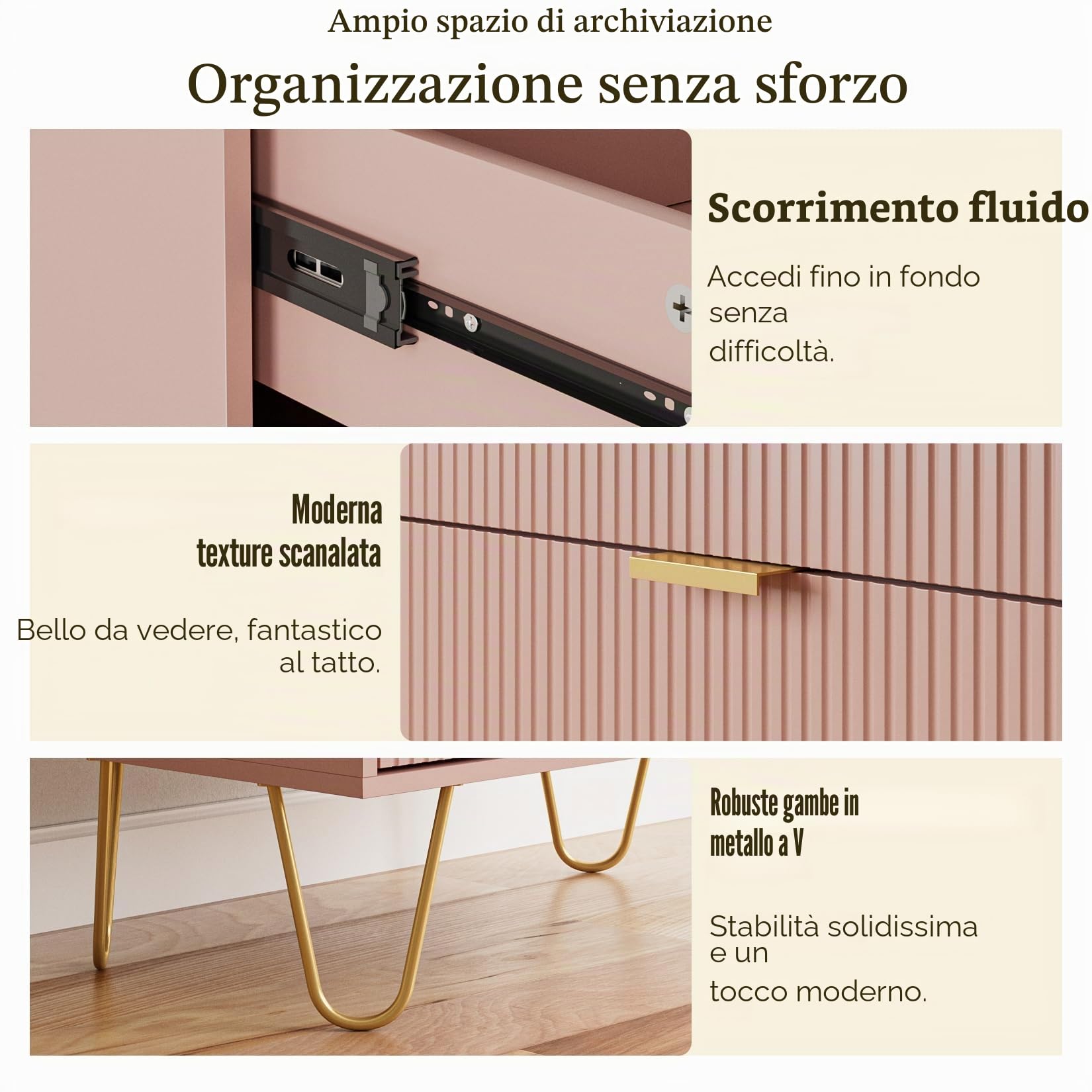 HEYZOEY Cassettiera con 4 cassetti, 34 x 60 x 91 cm, in legno con gamba dorata, moderna bohémien, per camera da letto, corridoio, soggiorno, rosa