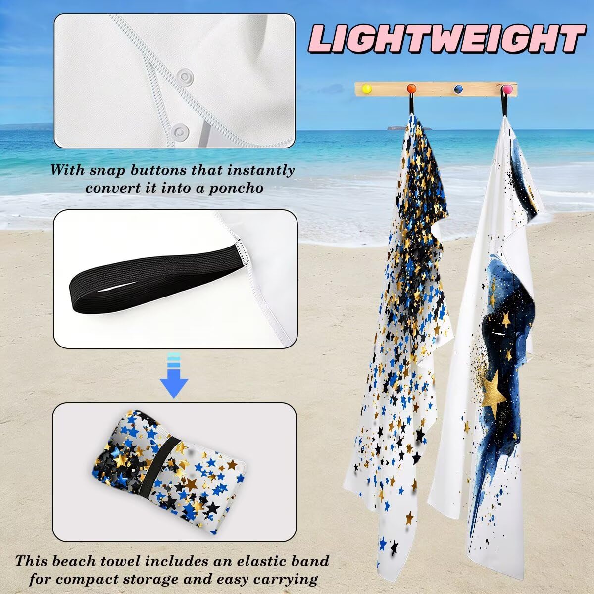Serviette de Plage XXL 70x140 cm, Lot de 2 Serviette de Bain Microfibre, Anti Sable Serviettes Plage, Séchage Rapide Drap de Bain pour Homme Femme, Portable Fine Serviettes pour Fitness (Étoile) -4745