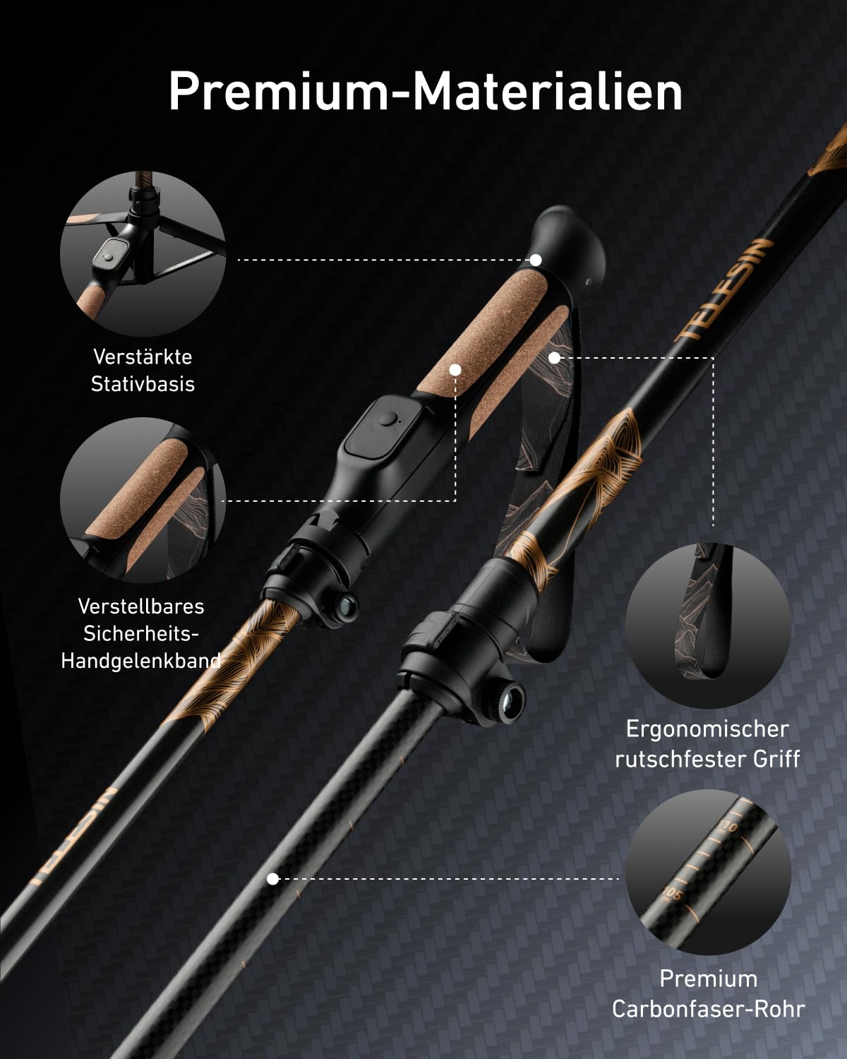 TELESIN TrekShot Carbon Selfie Stick Stativ für iPhone/Action-Kameras | 3-in-1 Wanderstöcke-Style Pole, 148cm Ausziehbares Handy Selfie Stick Stativ, Reise Vlog Monopod mit Bluetooth-Fernbedienung