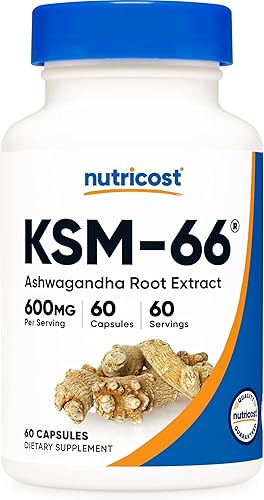 Nutricost KSM-66 Extracto de raíz de Ashwagandha de 600 mg 60 cápsulas vegetales - Alta potencia 5 Withanolides - Con BioPerine - Extracto de raíz