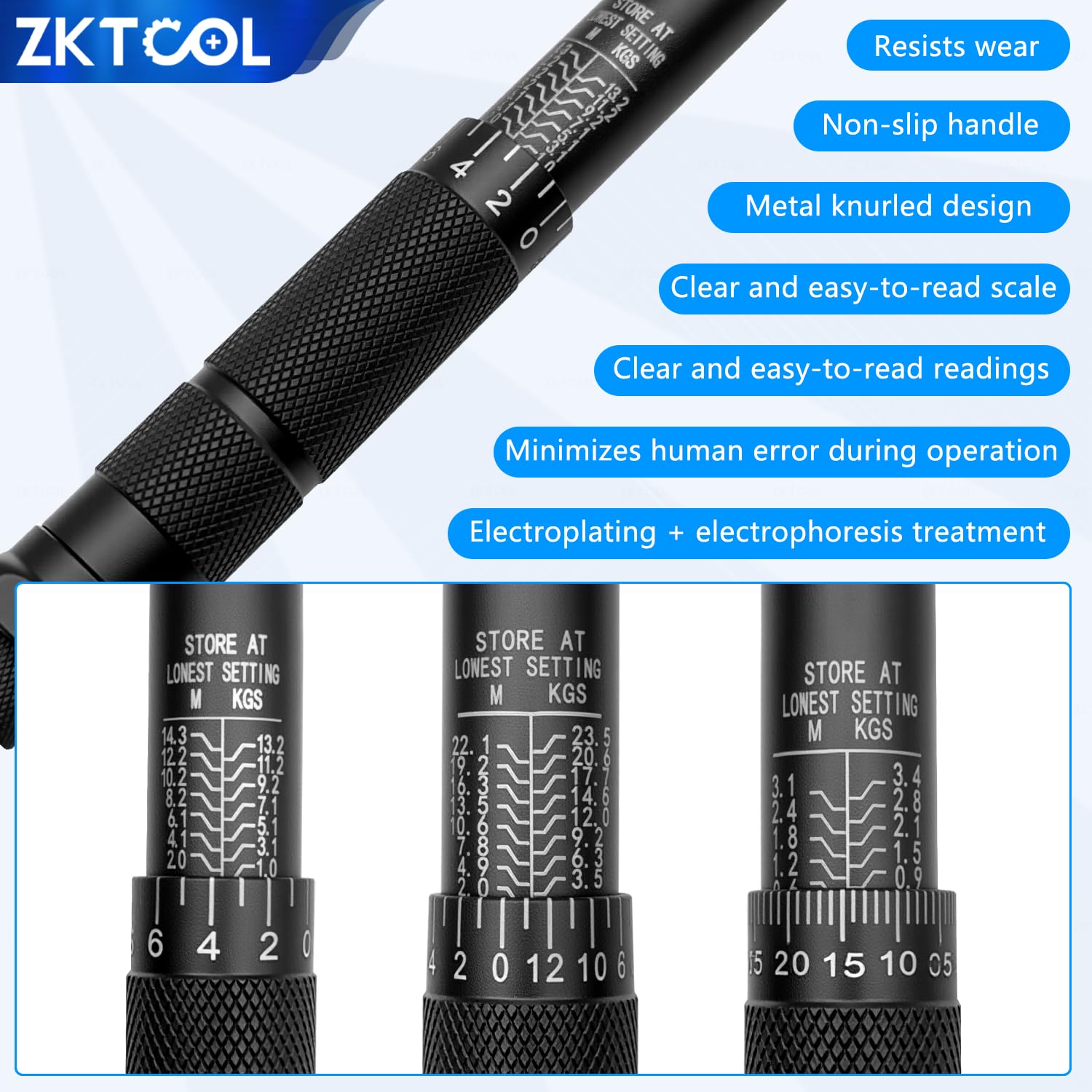 ZKTOOL Zestaw kluczy dynamometrycznych 3 szt., 1/10.2 cm 5-25 NM, 3/8'' 10-60NM, 1/2'' 20-210NM, zestaw kluczy grzechotkowych z mechanizmem szybkiego zwalniania, odpowiedni do większości scenariuszy