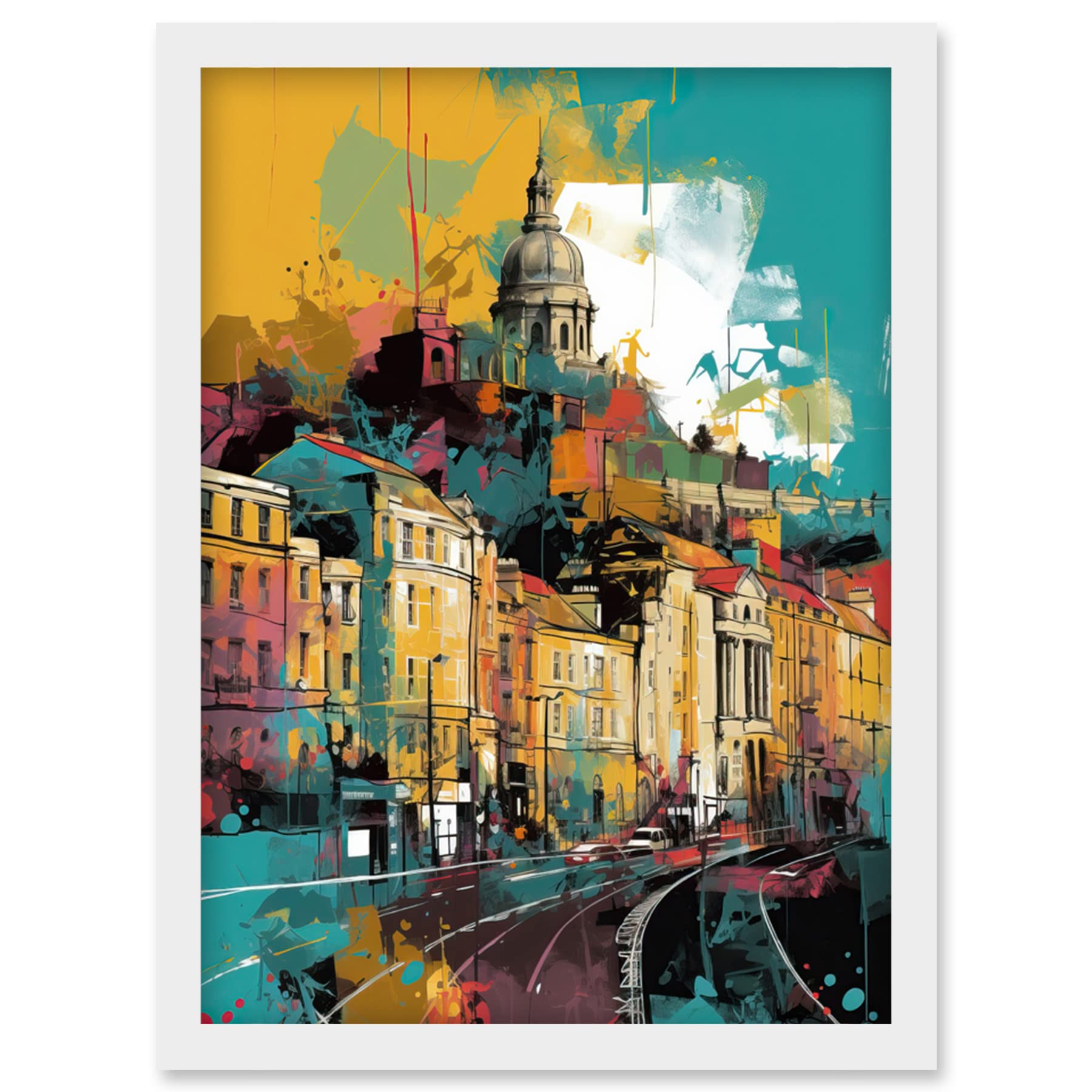 Artery8 Nottingham City Modern Multicoloured Cityscape Artwork Framed Wall Art Print A4