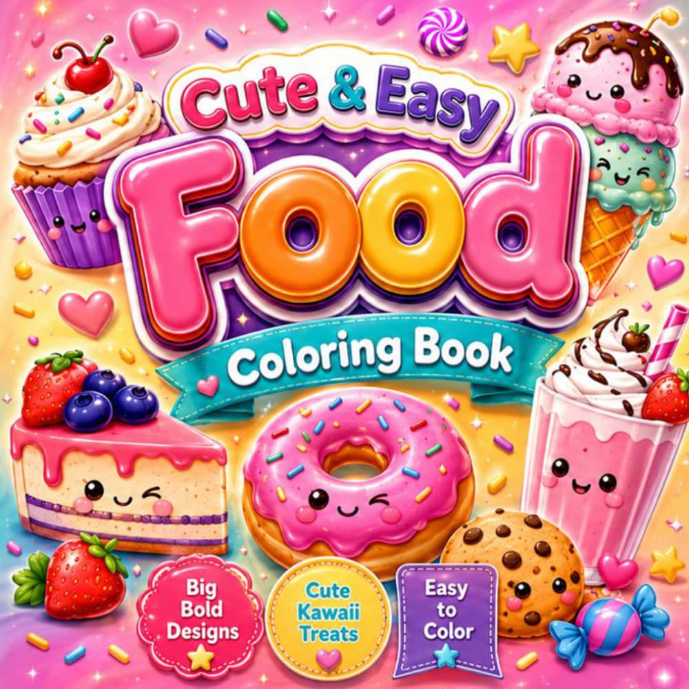 Cute & Easy Food Coloring Book: Cute and Cozy Food Coloring Book with Sweet Dessert Pages, Cozy Friends Scenes, Cozy Girl Vibes, and Bold Relaxing Fun