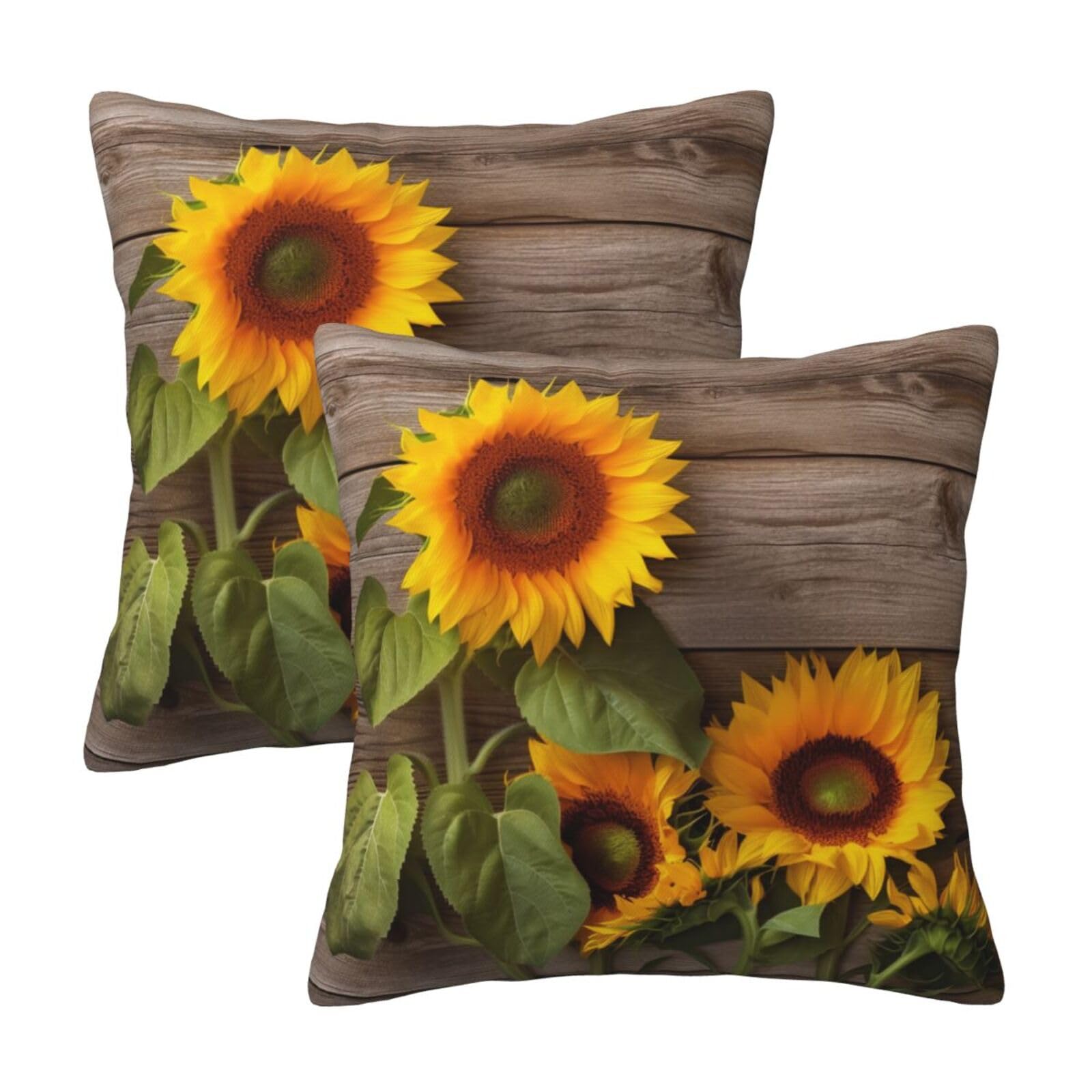 Sunflowers on Wooden Throw Pillow Cases 2 Pack Square Pillowcases Soft Pillow Protectors for Couch Livingroom Sofa Bed Office Car,45x45 CM