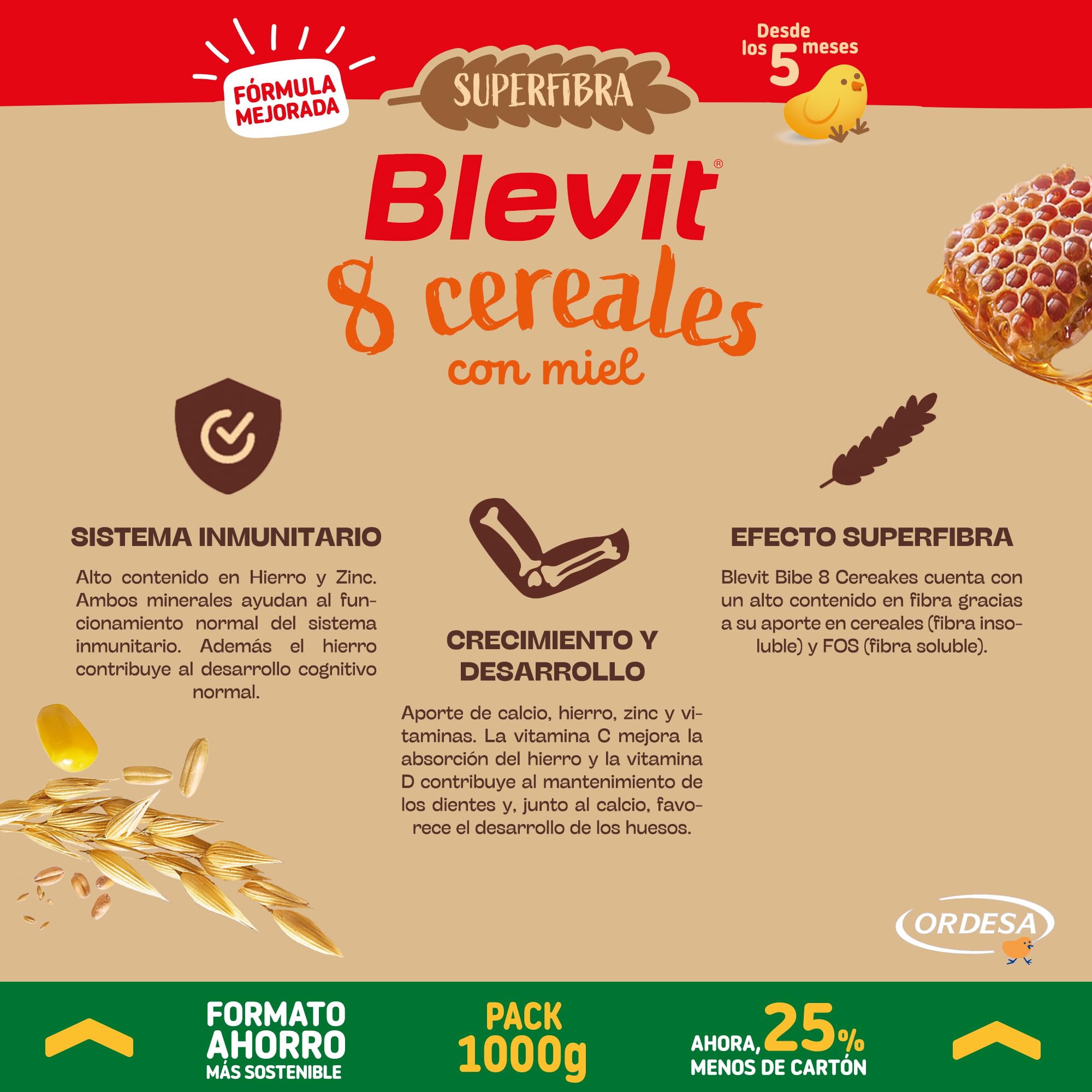 Blevit Superfibra 8 Cereales con Miel | 1kg | Papilla de 8 Cereales para Bebé desde los 5 Meses - Con Miel, Vitaminas, Minerales y Fibra