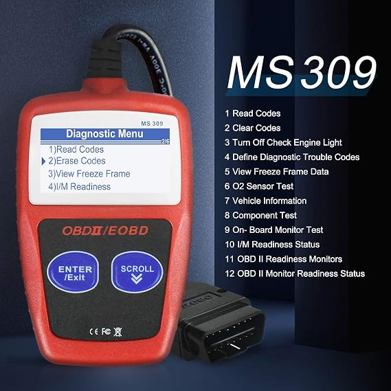 MS309 OBD2 Scanner Check Car Engine Light Fault Code Reader, Universal OBDII Diagnostic Scan Tool Read Clear Trouble Codes, View Freeze Frame Data, OBDII CAN Diagnostic Scan Tool