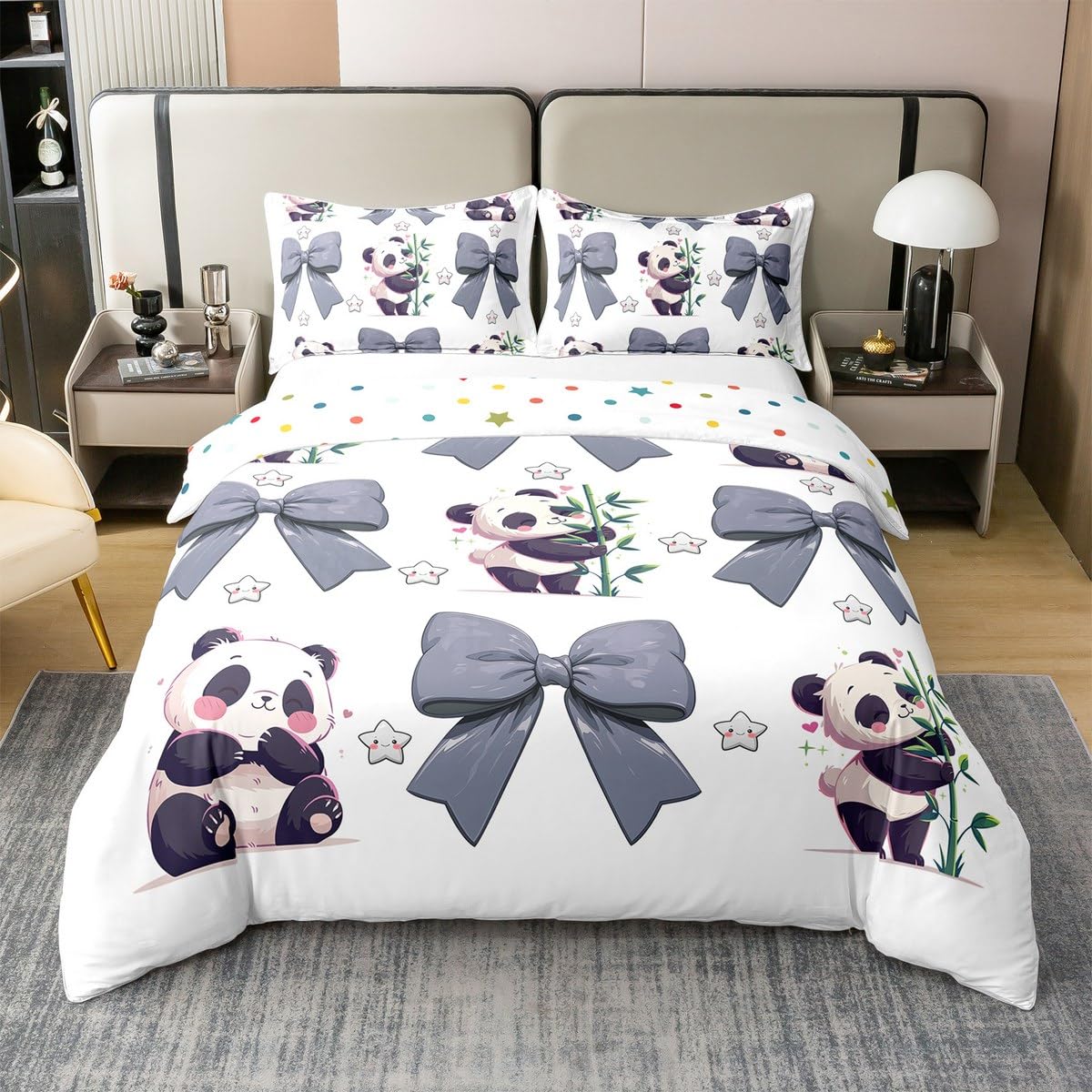 Homewish 100% bawełna urocza panda poszewka na kołdrę pojedyncza, szara kokardka poszewka na kołdrę dla dzieci chłopców dziewcząt, kawaii zwierzę kokarda zestaw pościeli, kreskówka akwarela kokardki