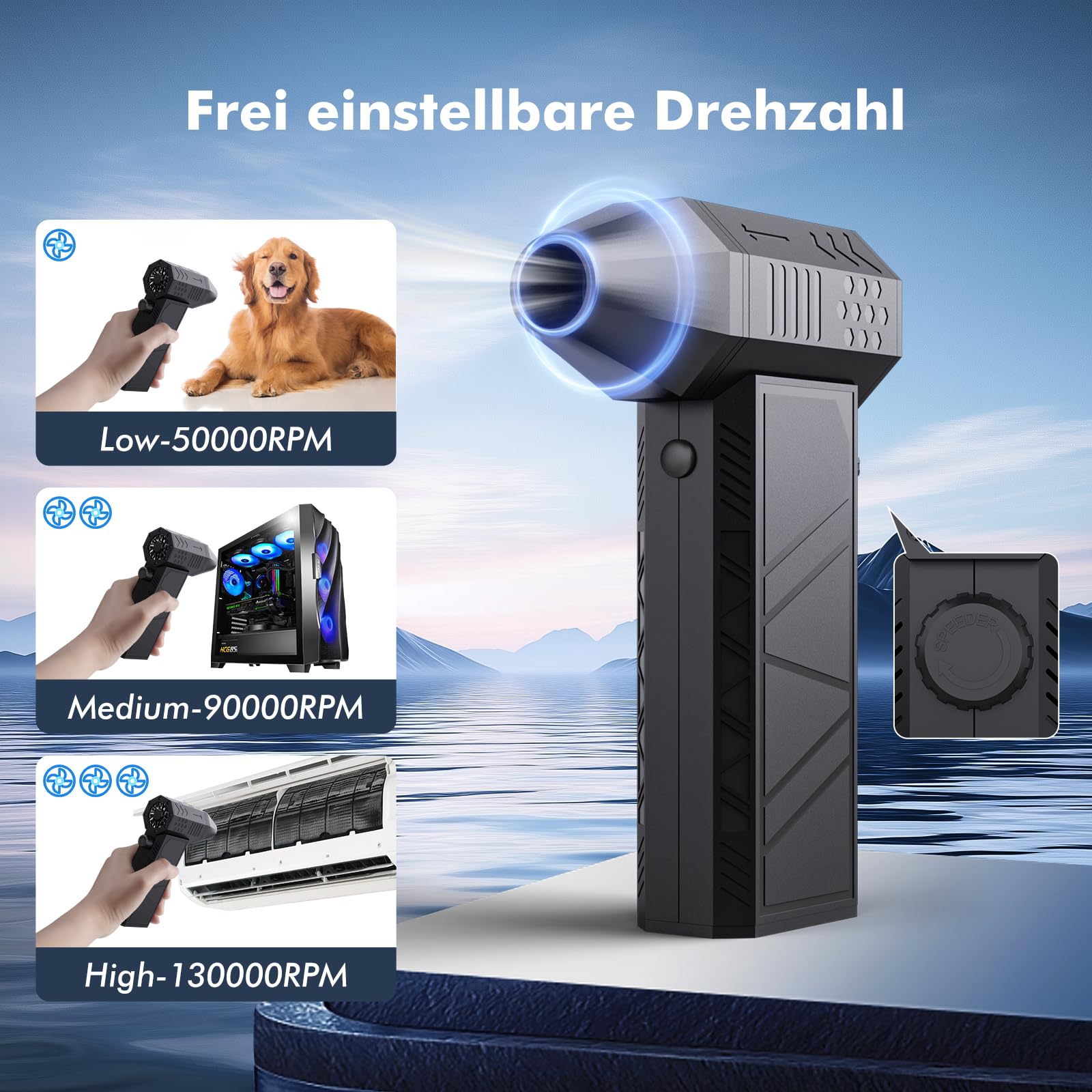 Elektrische Staubgebläse Luftdruckspray, 130000 U/min, Druckluft Compressed Air Duster mit 8000mAh Akku, Reinigungsbürste und USB Schnellladung, für PC Reinigungsset, Sofa, Auto