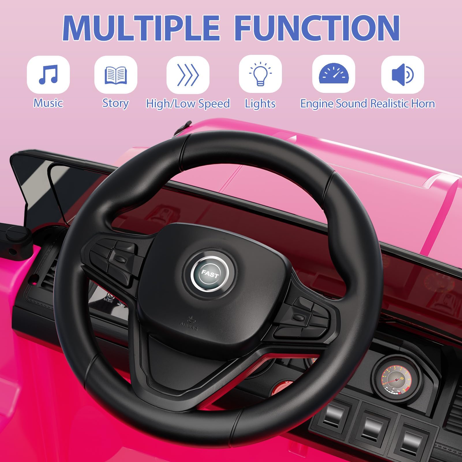 Coche Eléctrico para Niños 12V, Carro Eléctrico Infantil con Mando Control Remoto, Suspensión de Muelles, 3 Velocidades, Luces LED, Música, Bocina, Juguete Regalo para Niños de 3+ Años, Rosa
