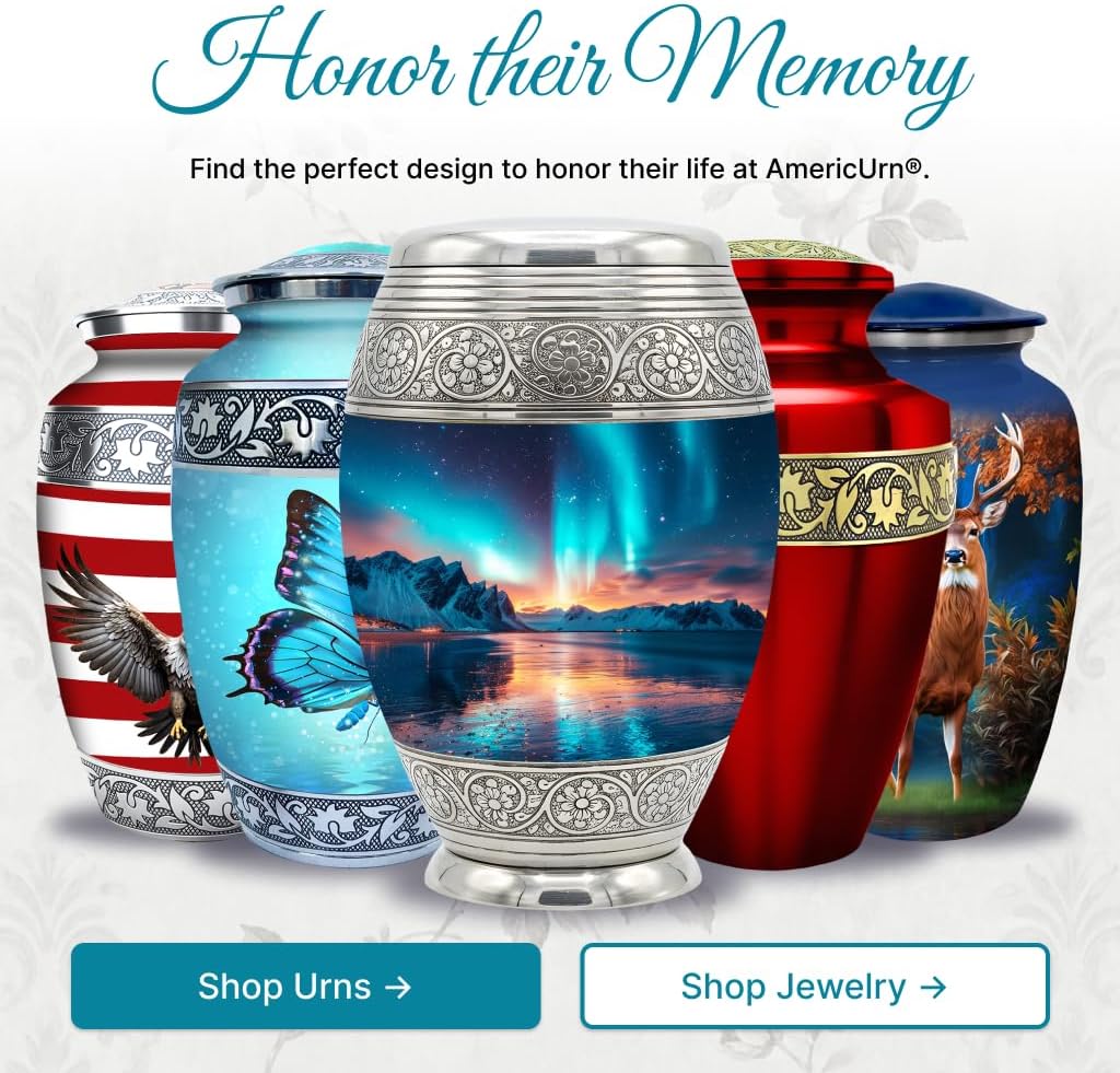 Set of 6 Cremation Urns for Human Ashes Includes 1 Large Urn with 4 Small Keepsakes & 1 Silver Necklace - Aurora Lake