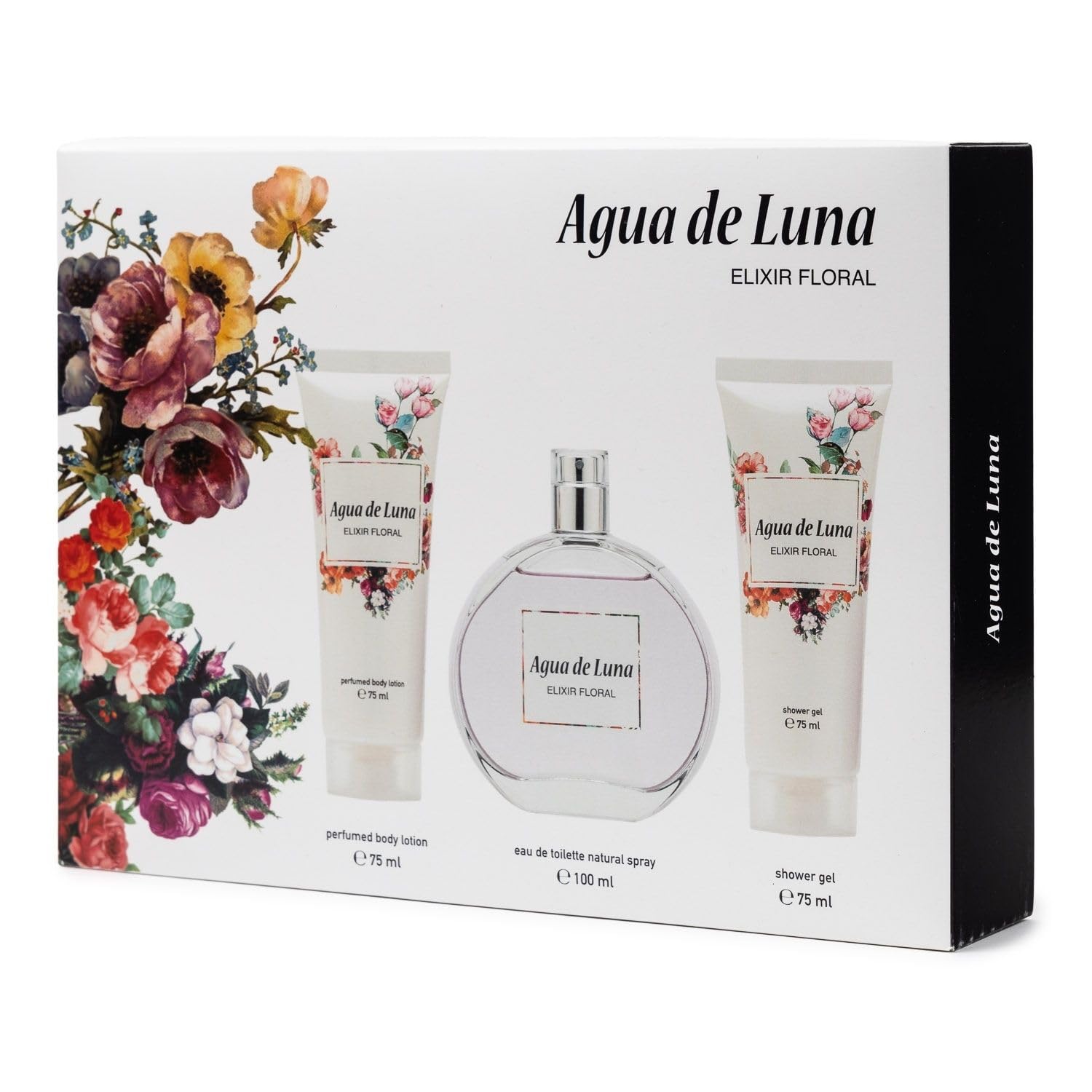 AGUA DE LUNA - Elixir Floral, Estuche de Regalo Mujer, Colonia 100 ml + Crema Corporal 75 ml + Gel de Baño 75 ml, Eau de Toilette Femenina, Aroma Cítrico y Floral, Fragancia Fresca de Larga Duración
