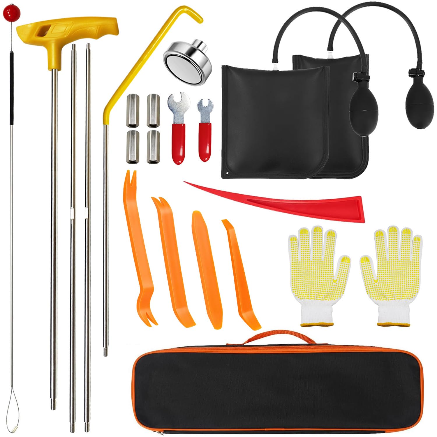 Kit di attrezzi per auto, 22 pezzi, kit professionale di riparazione di emergenza con pinza a lunga portata, pompa a cuneo d'aria, gancio a J, strumento di rimozione delle finiture, borsa per riporre