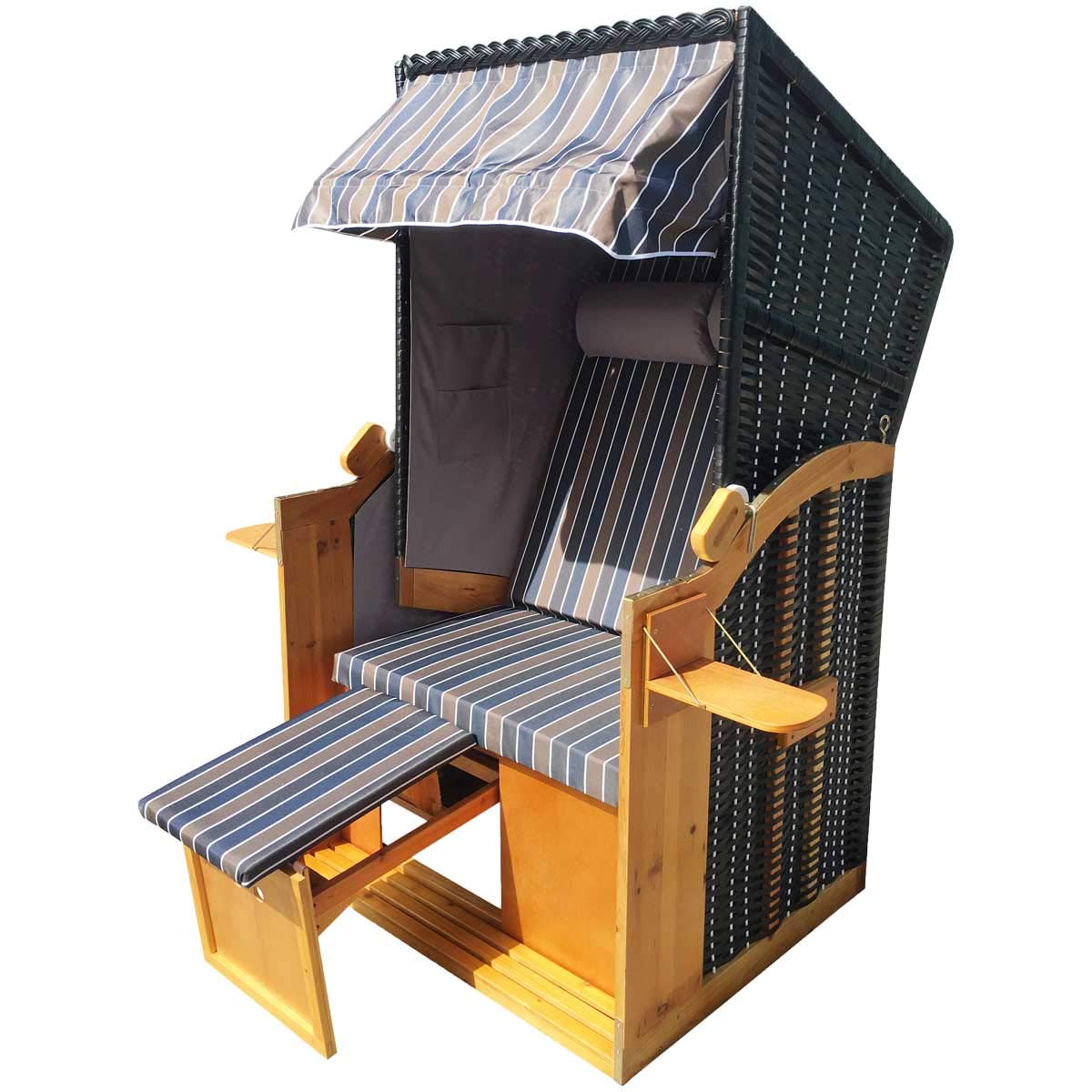 BRAST Corbeille de plage mer Baltique Helgoland 160x90x74 bonmarché pour deux en osier matériaux résistante, polyrattan, housses amovibles et lavables - brun/bleu/blanc/gris rayée