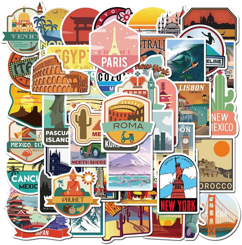 Stickers for City Travel City Landmark Sticker Pack for Water Bottle Laptop Guitar Skateboard Car Bike Motorcycle Hydro Flask Suitcase Luggage for Adults Teens Attractions Stickers and Decals