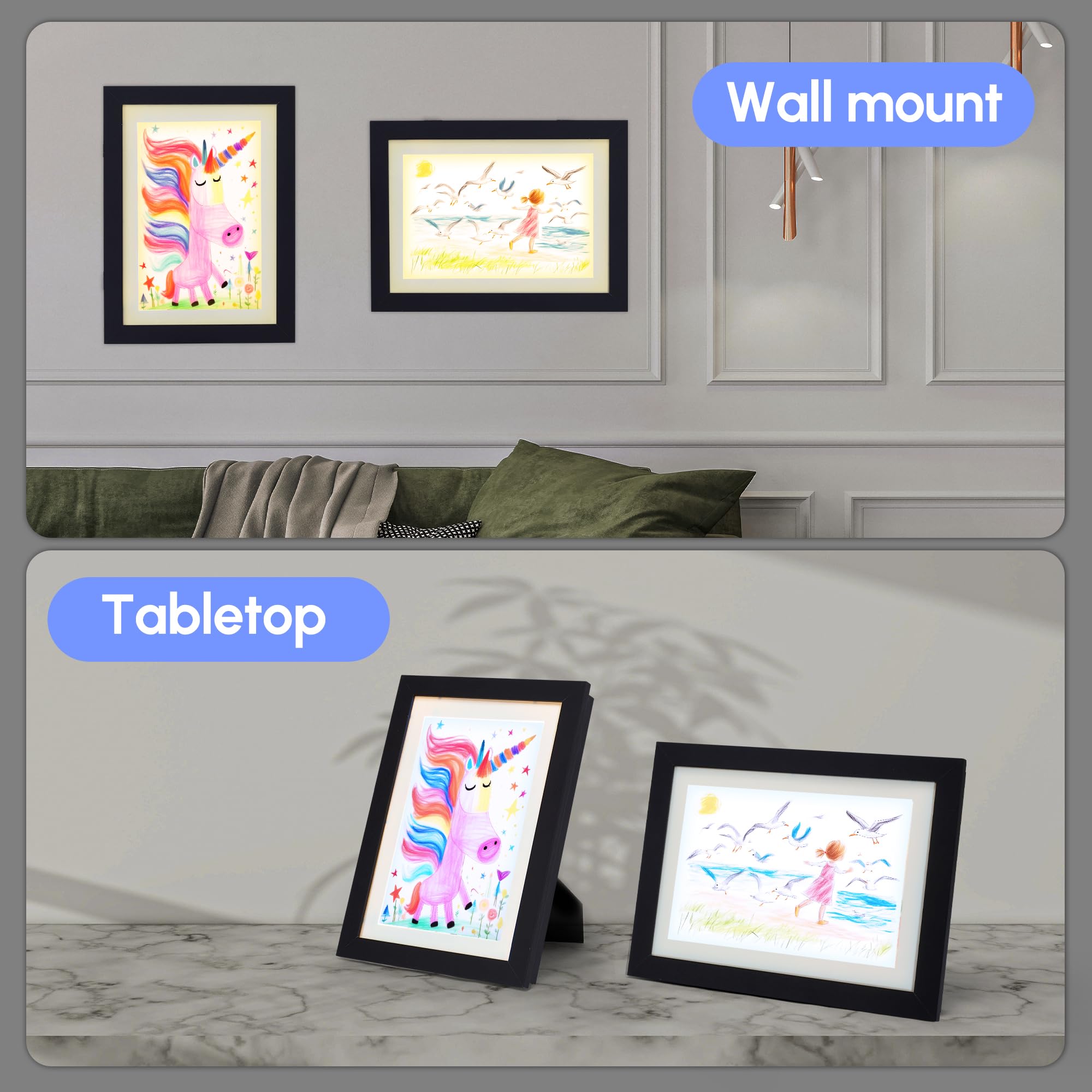Lot de 2 Cadre Dessin Enfant à Changer A4 Bois Cadre Noir Pour Dessin