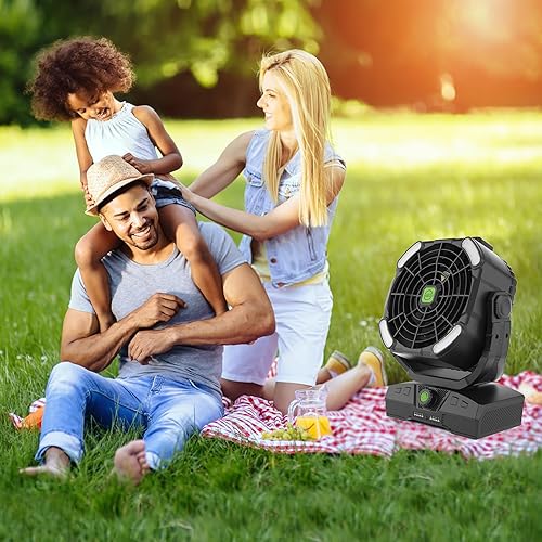 Vista 7 de RUNTOP Ventilador de campamento de 20000 mAh, ventilador oscilante recargable de alta velocidad con luz RGB, control remoto, gancho para colgar