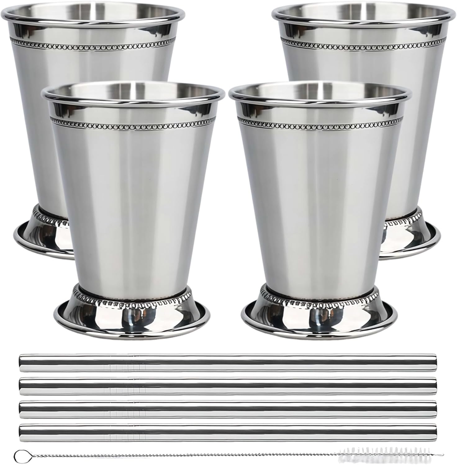 Classic Vintage Design, Four Pcs Of Mint Julep Cocktail Cups, Silver Polished, Long-Lasting Stainless Steel Mojito Glasses With Straws And Brush, Great For And Restaurants