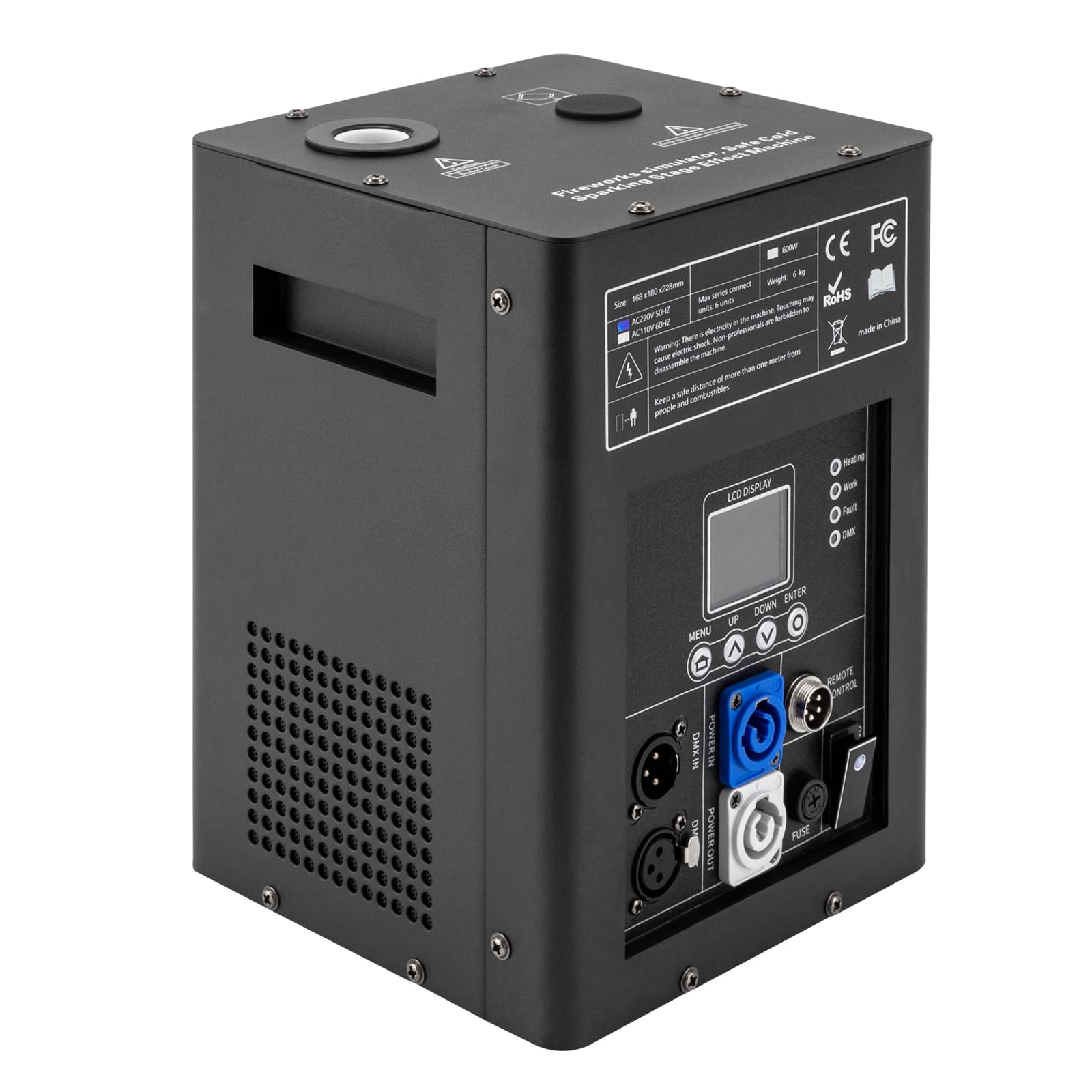 Bühneneffektmaschine 600W DMX Funkenmaschine | Drahtlose Fernbedienung | Schwarzes Metall | 2-5M Sprühhöhe | für Hochzeit, Party | Deutsche Anleitung