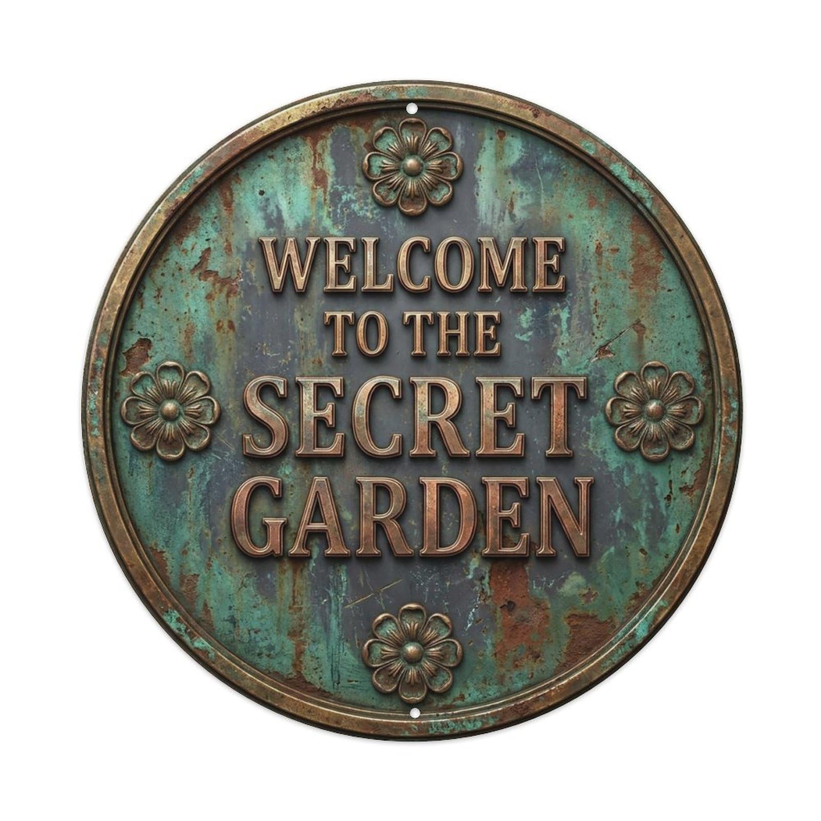 Vintage Welcome Secret Garden Bronze Charcoal Floral Metal Tin Sign