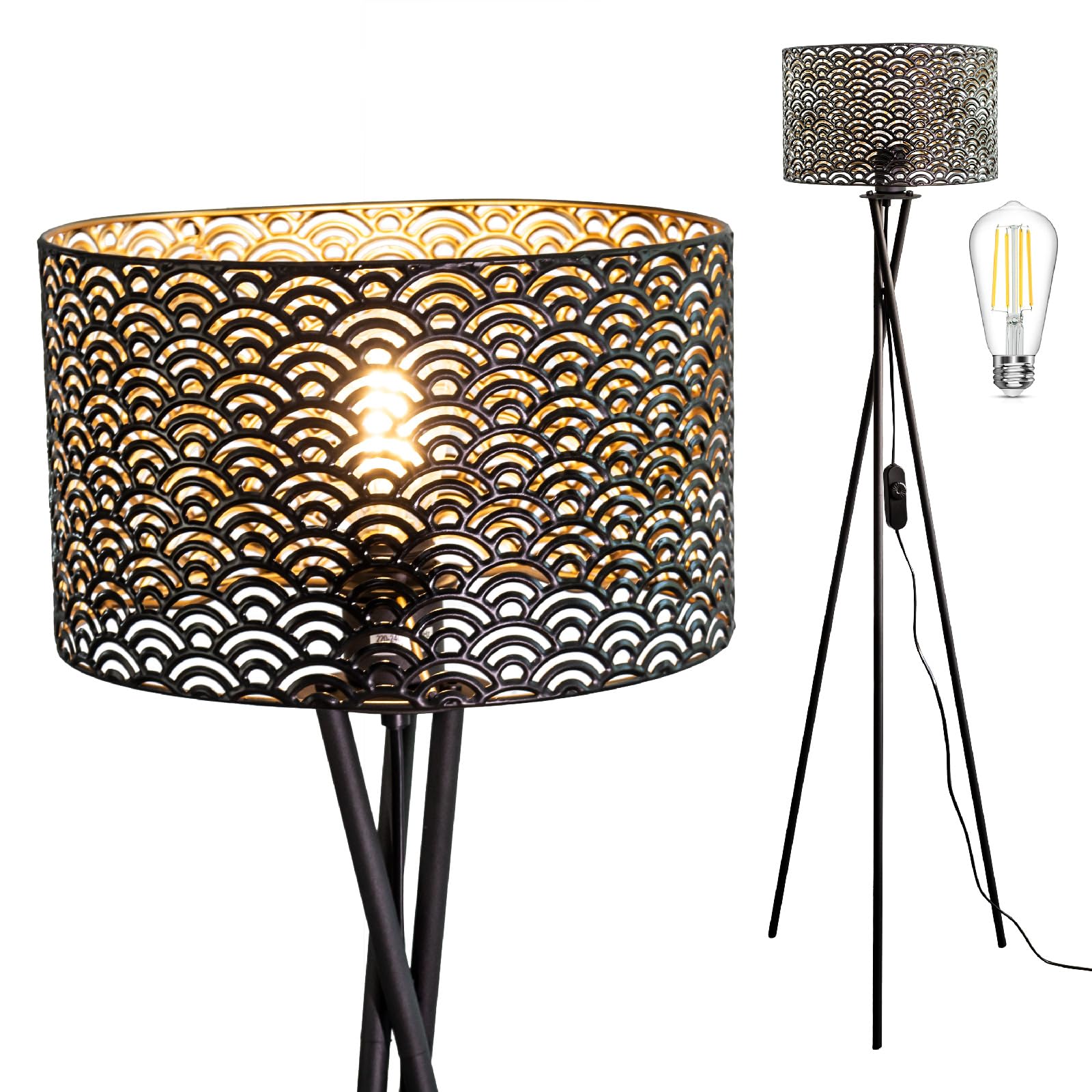 Osasy Tripod Floor Lamp with Interchangeable Shades, Dimmable Standing Light, Black Metal Base, Living Room and Bedroom Lighting