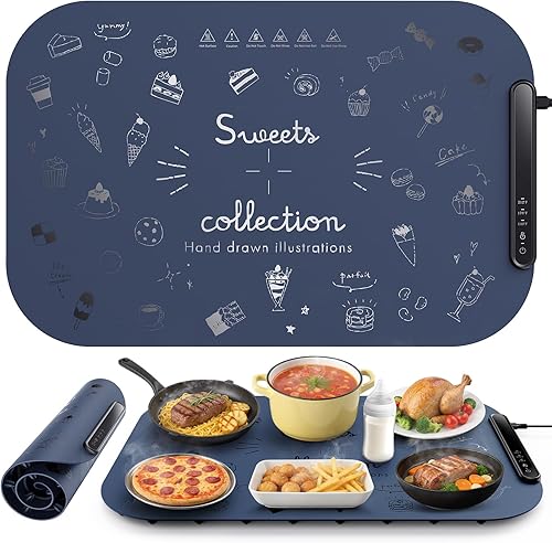 Miniatura 1 de Tapete de calentamiento de alimentos, bandeja calentadora eléctrica portátil con 3 ajustes de calor y patrones exquisitos, calor instantáneo,
