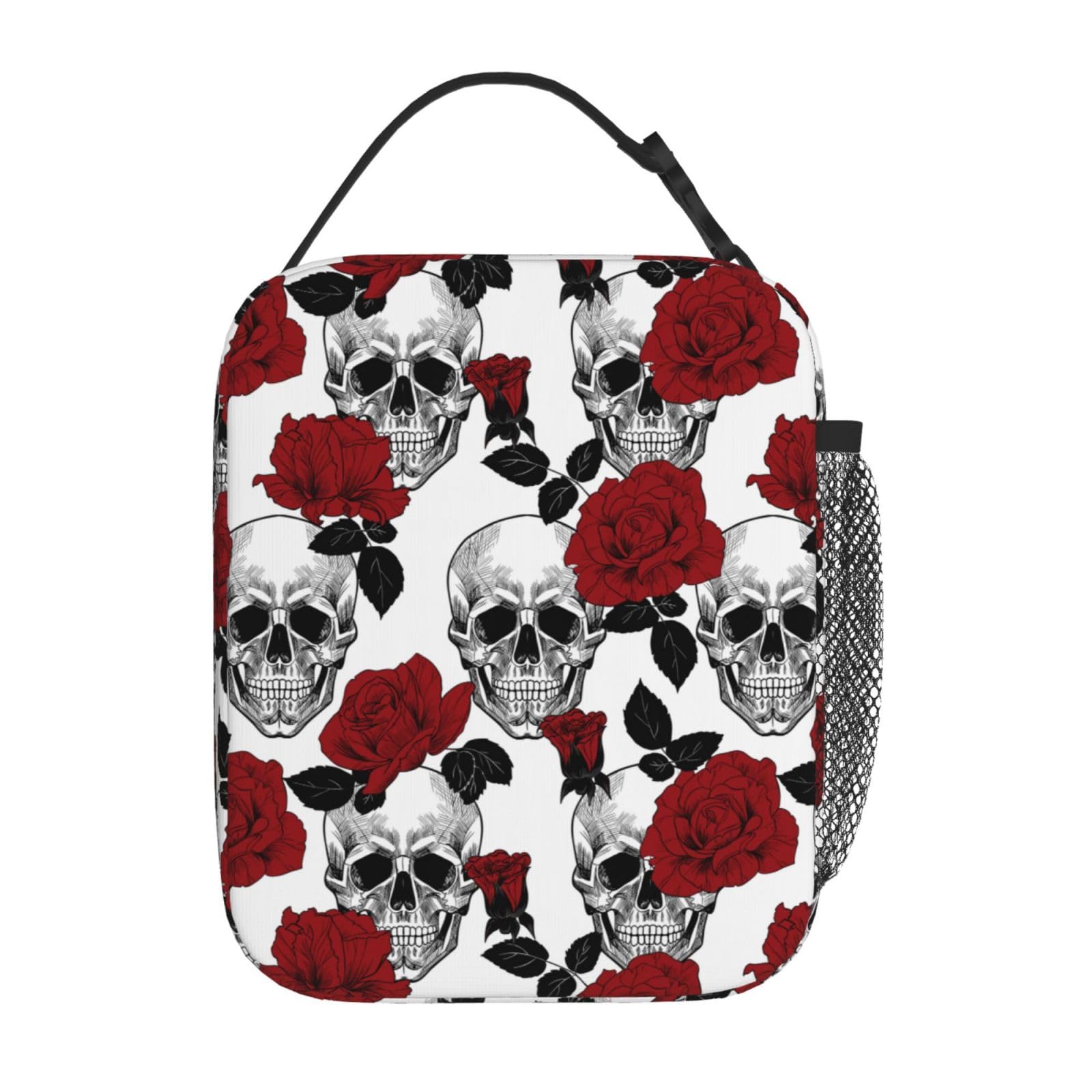 XLinTech Roses Skull Lunch Bag Goth Lunch Box Women Men Lunchbox for Work Travel Picnic Beach Adjustable Strap Insulated Adult