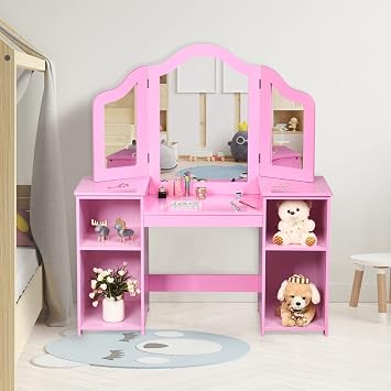 AKUSTIK Kids Vanity, 2 in 1 Wooden Dressing Table and Chair Set for Toddlers with Tri-Folding Detachable Mirror, Storage Shelves, Pretend Princess Beauty Make Up Play for Little Girls