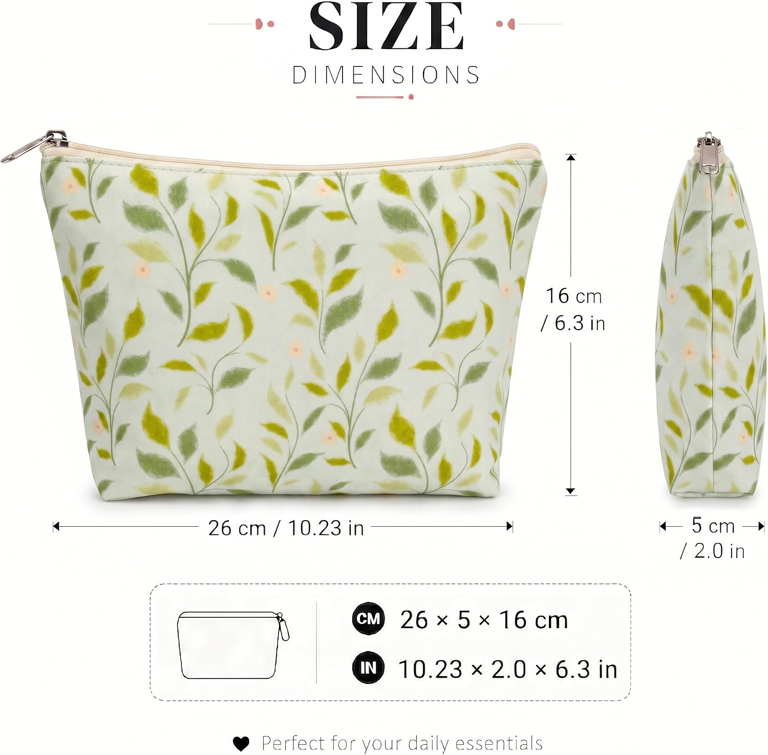 OFY Small Cosmetic Bag, Portable Makeup Pouch with Zipper Closure, Travel Toiletry Organizer Bag for Women, Minimalist Makeup Storage Case for Cosmetics(Light Green Plant Vines) image 3