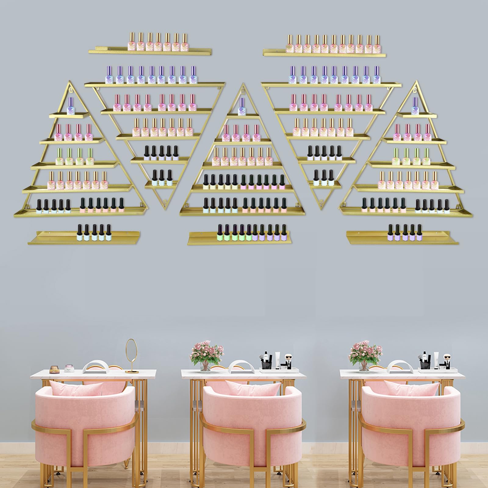 Estantería de pared para esmalte de uñas, rack de almacenamiento de esmalte de uñas, 10 soportes triangulares y barras horizontales, dorado, para tiendas de manicura