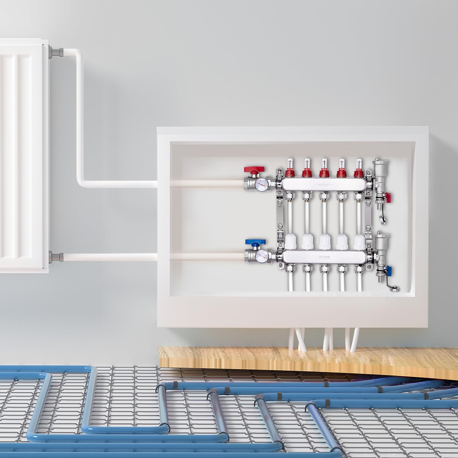 VEVOR Colector de Calor Radiante de 5 Derivaciones, Colector de Tubería PEX de Acero Inoxidable SUS304 para Calefacción por Suelo Radiante Hidrónico, con Adaptadores, 440 x 370 x 110 mm, 0-5 L/min
