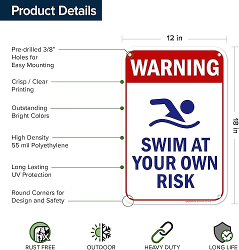 Vista 61 de Señal de advertencia de natación a tu propio riesgo, 10 x 14 pulgadas, libre de óxido, aluminio 040, resistente a la decoloración, fabricado