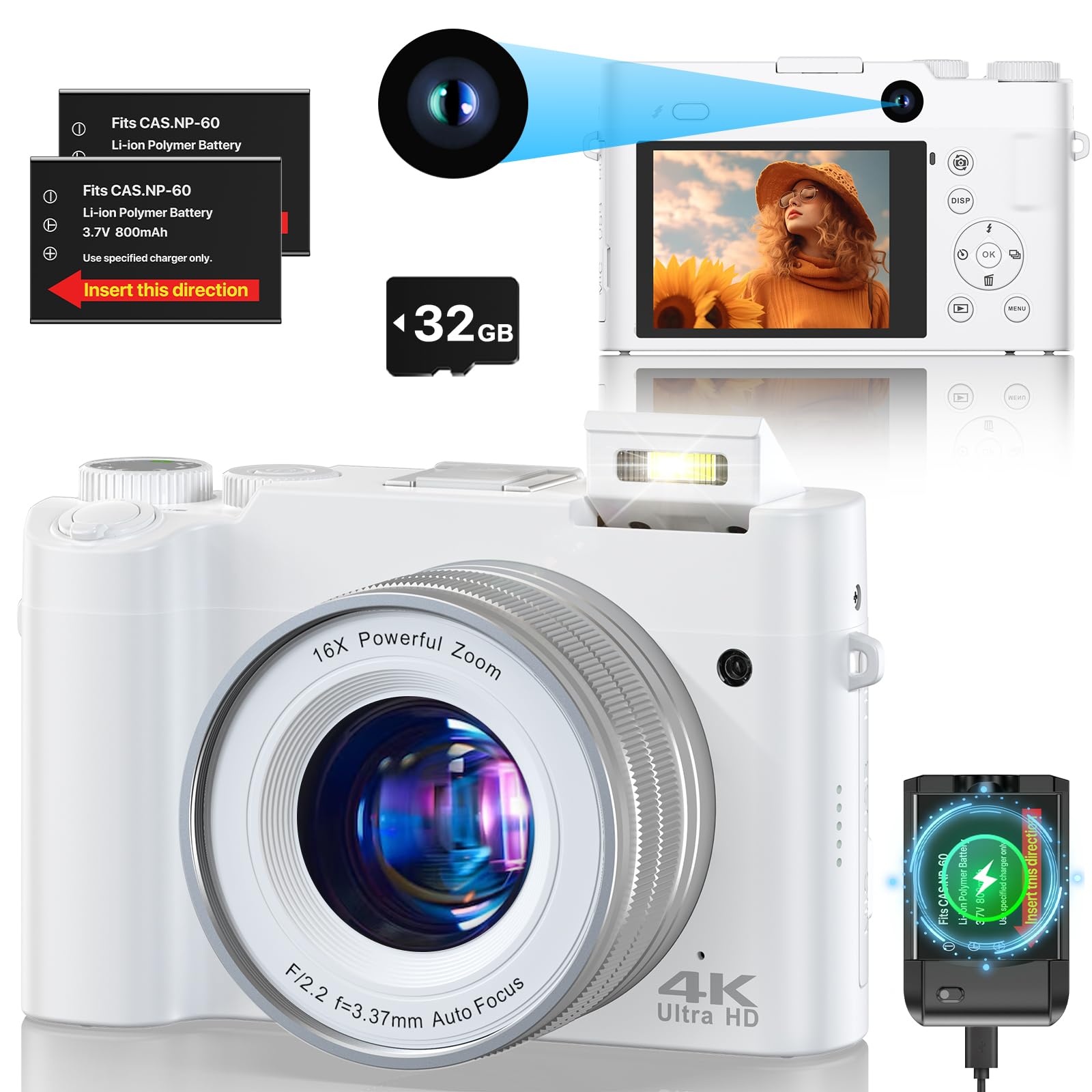 Digitalkamera 4K 64MP Autofokus Vlogging-Kamera für YouTube mit SD-Karte, Doppelkameras vorne und hinten mit 16-fachem Digitalzoom Anti-Shake, 2 x Batterien für Jugendliche, Anfänger, Erwachsene-weiß