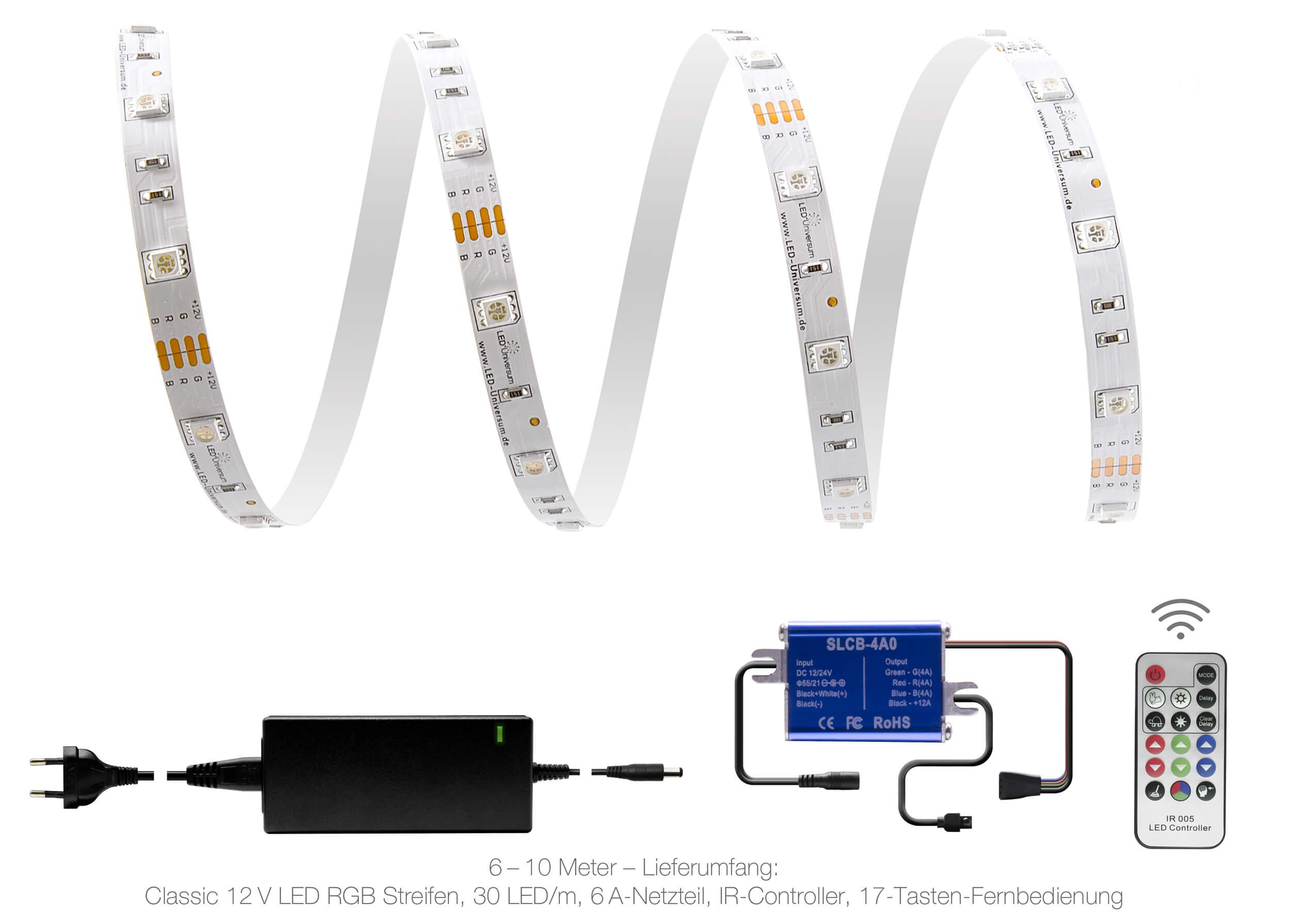 8 Meter RGB Tira LED Set (30 LED/M, IP20), incluye controlador, 17 teclas Mando a distancia y 6 A Fuente de alimentación