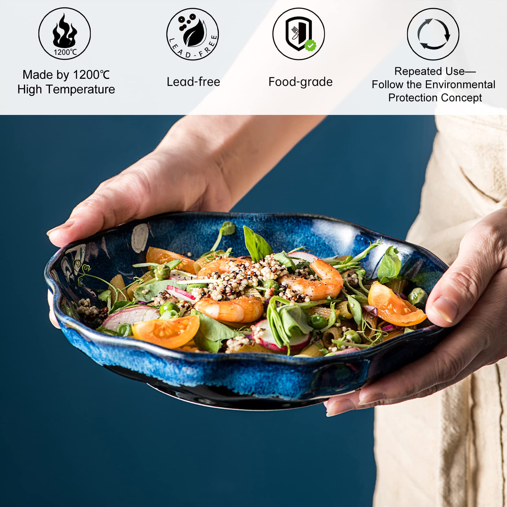 Ceramic Bowls Set for Pasta, Salad, Cereal, Dessert - 8 Inch Wide and Shallow Soup Plates, Side Dishes Set of 4, Stoneware Dinnerware Set Microwave, Dishwasher Safe, Reactive Glaze Blue