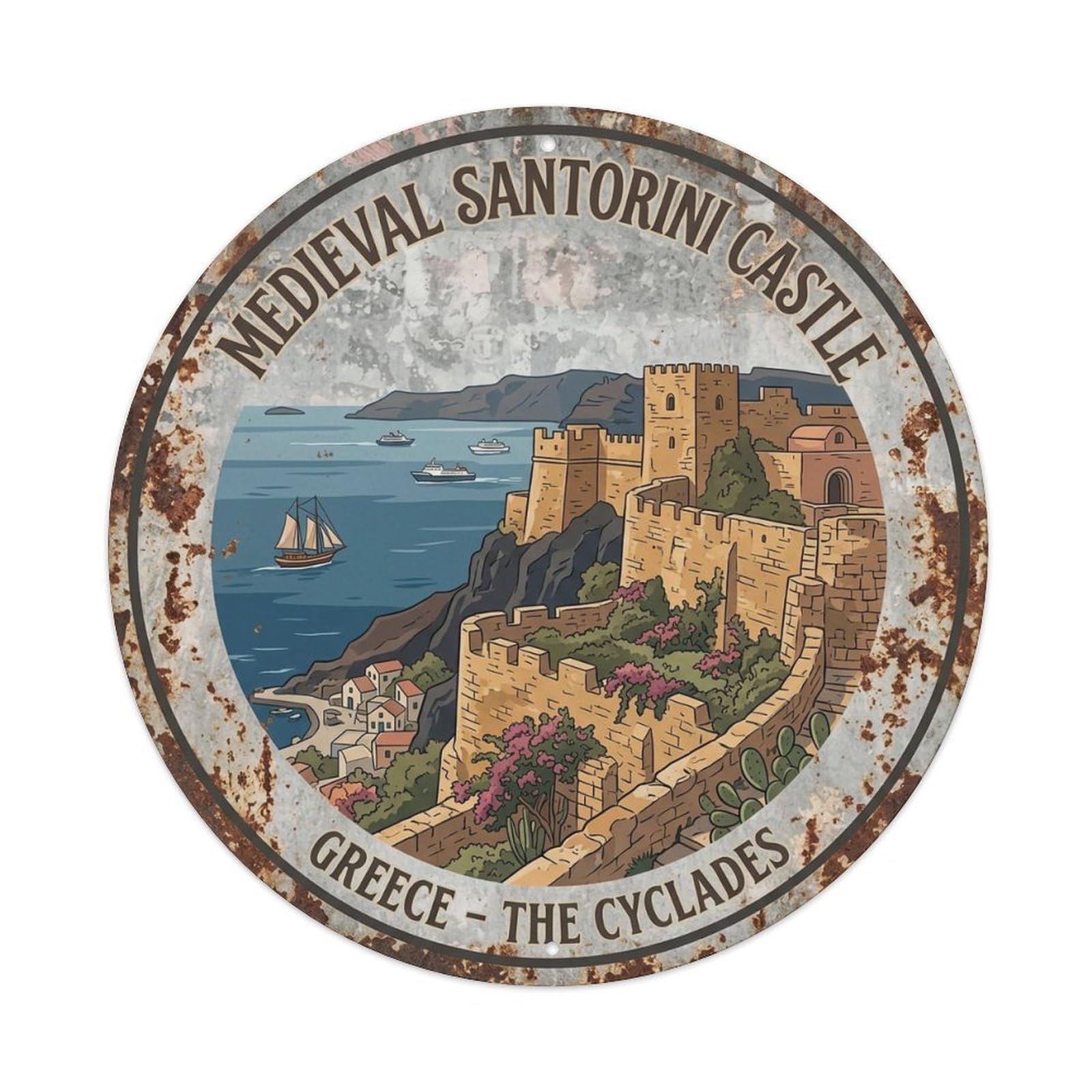 Vintage Travel Castle Santorini Medieval Metal Tin Sign