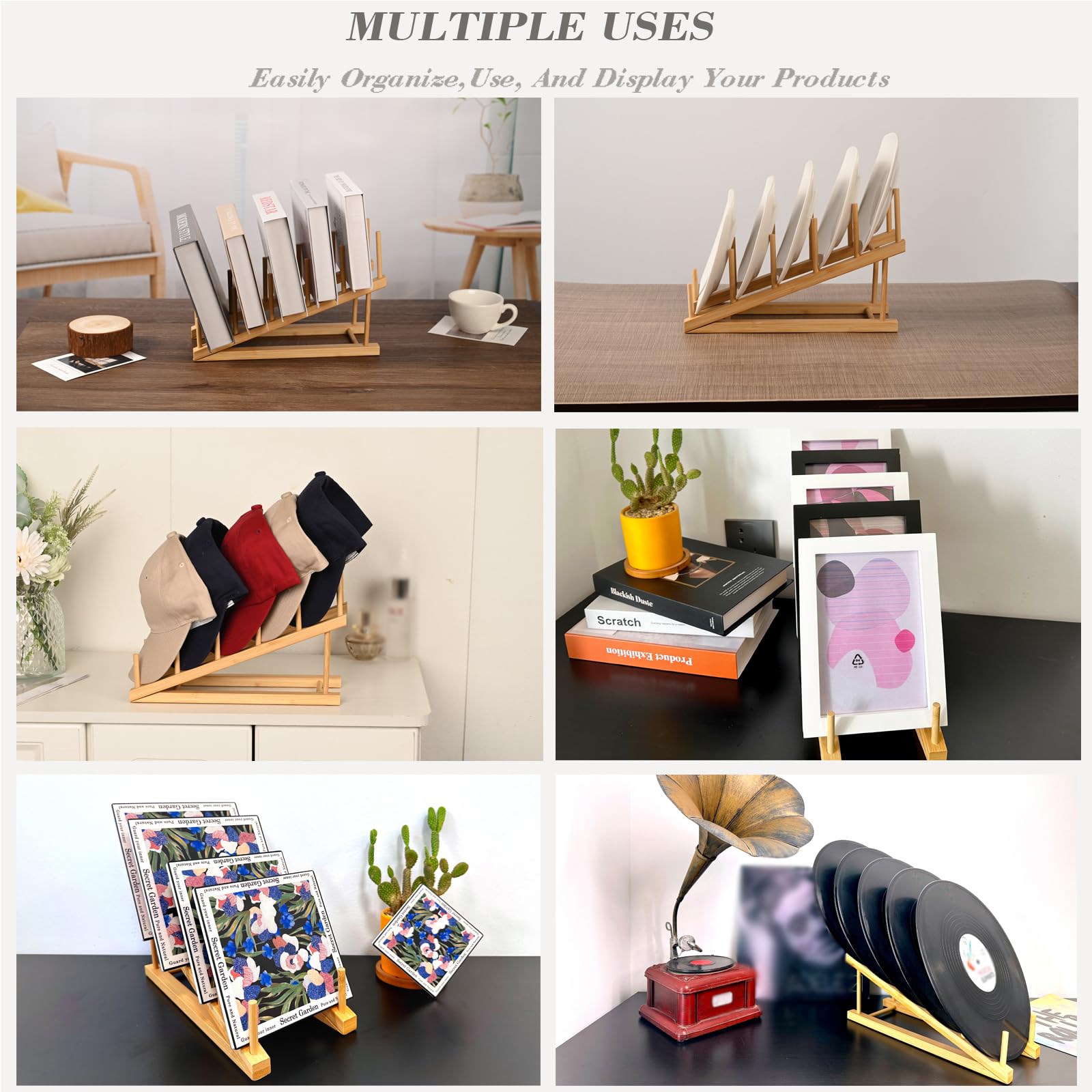 Paquete de 5 soportes para platos para exhibición, organizador de gabinete de madera para múltiples platos, estante de exhibición de 5 niveles para mostrador de proveedores de exhibición de
