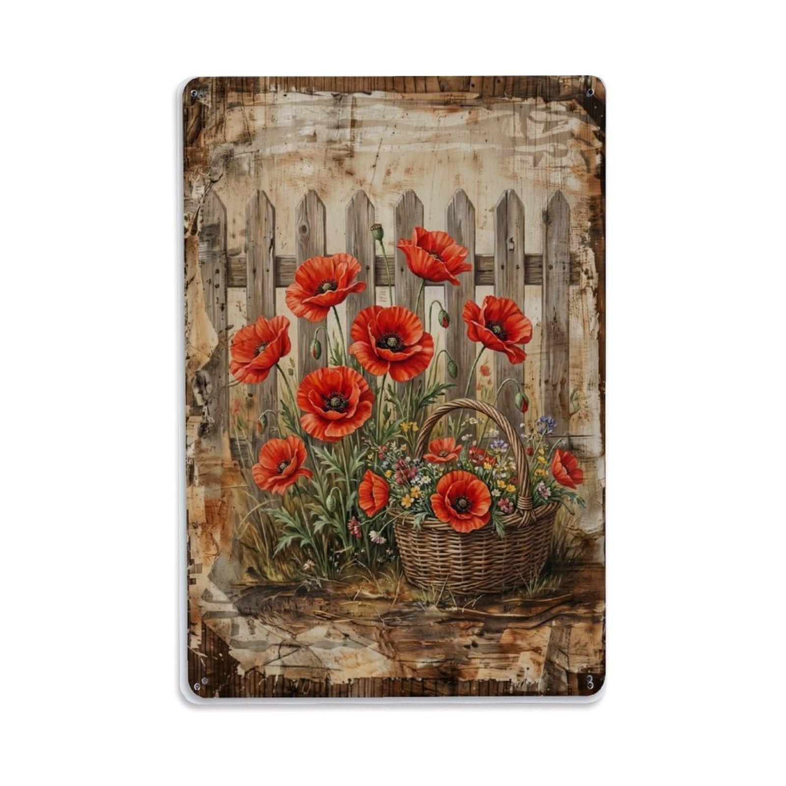 Poppy Garden Red Flowers Countryside Meadow Vintage Metal Tin Sign Plaque Wall Decor for Cafe, Club, Garden Metal Poster 8x12Inch