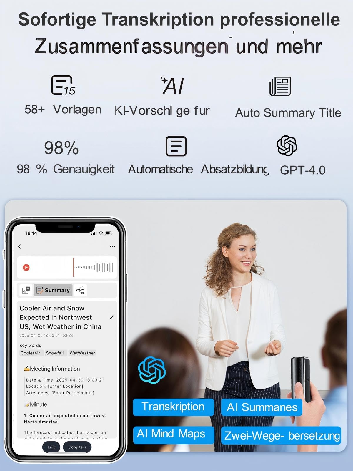 64GB magnetischer KI-Sprachrekorder mit App-Steuerung, Rauschunterdrückung, Spracherkennung, Zusammenfassung & Mindmapping – 58 Sprachen, ideal für Interviews, Vorträge & Meetings
