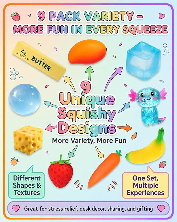 9 Pack Squishy Squeeze Box Toys Set Slow Rising Squishies Classic Slow Mystery Fun Set Pack Blind Malt Creative Slow Return Relief Hand Relax Desk Decor Party Favor Gifts for Adult