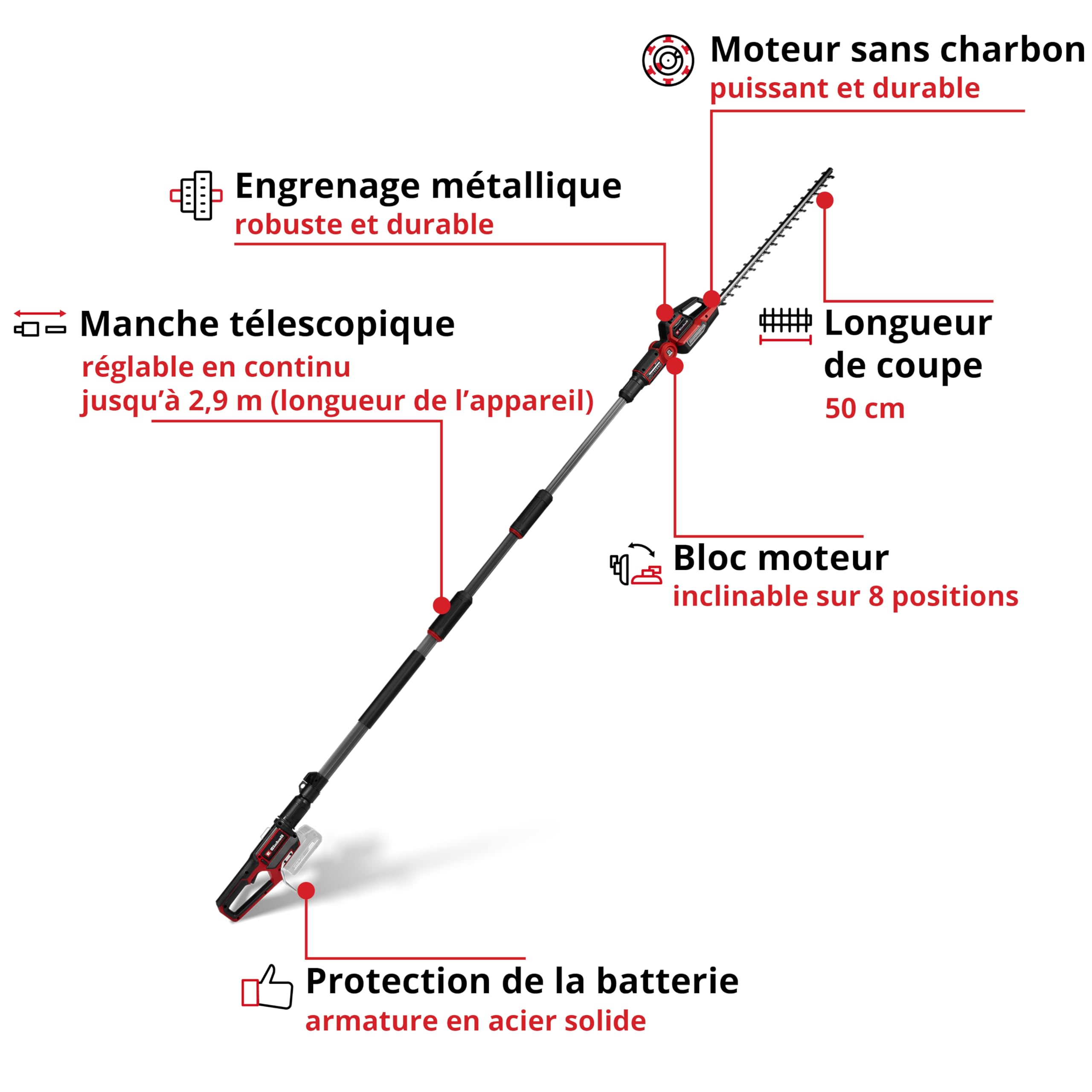 Einhell Professional Taille-haie télescopique sans fil GP-HH 18/50 Li BL-Solo Power X-Change (18V, longueur de coupe 50 cm, denture 25 mm, moteur sans charbon, inclin. dans 8 positions, sans batterie)