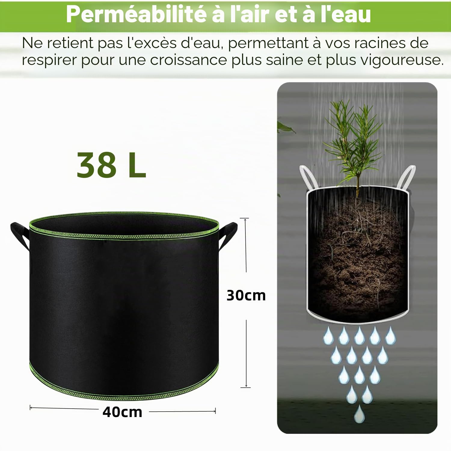 Lot de 6 Sacs à Plantes, 40L Ø 40cm Hauteur 30cm Sac de Culture en Non Tissé Pot de Fleur Sac de Jardin avec Poignée Sangles Aération Tissu Pots, 10 Gallons