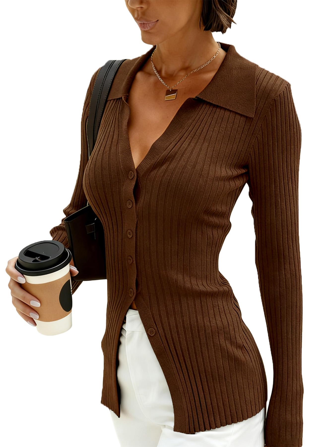 Dressmine Button Up Cardigan Sweaters for Women Long Sleeve Thick Work Sweater Cinched Waist Fitted Winter Clothes