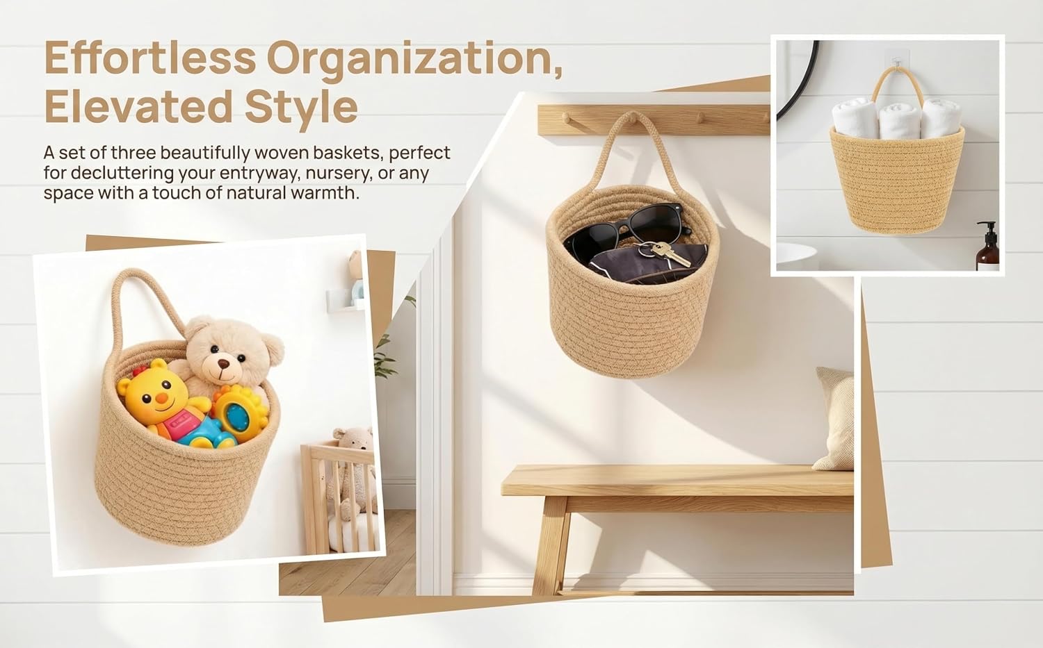 Khaki Cotton Rope Storage Baskets 3 Pack with Adhesive Hooks | 6.3"×6.3", Wall & Desktop Hanging, Nursery Organizer, For Plants, Keys, Office Supplies & Makeup