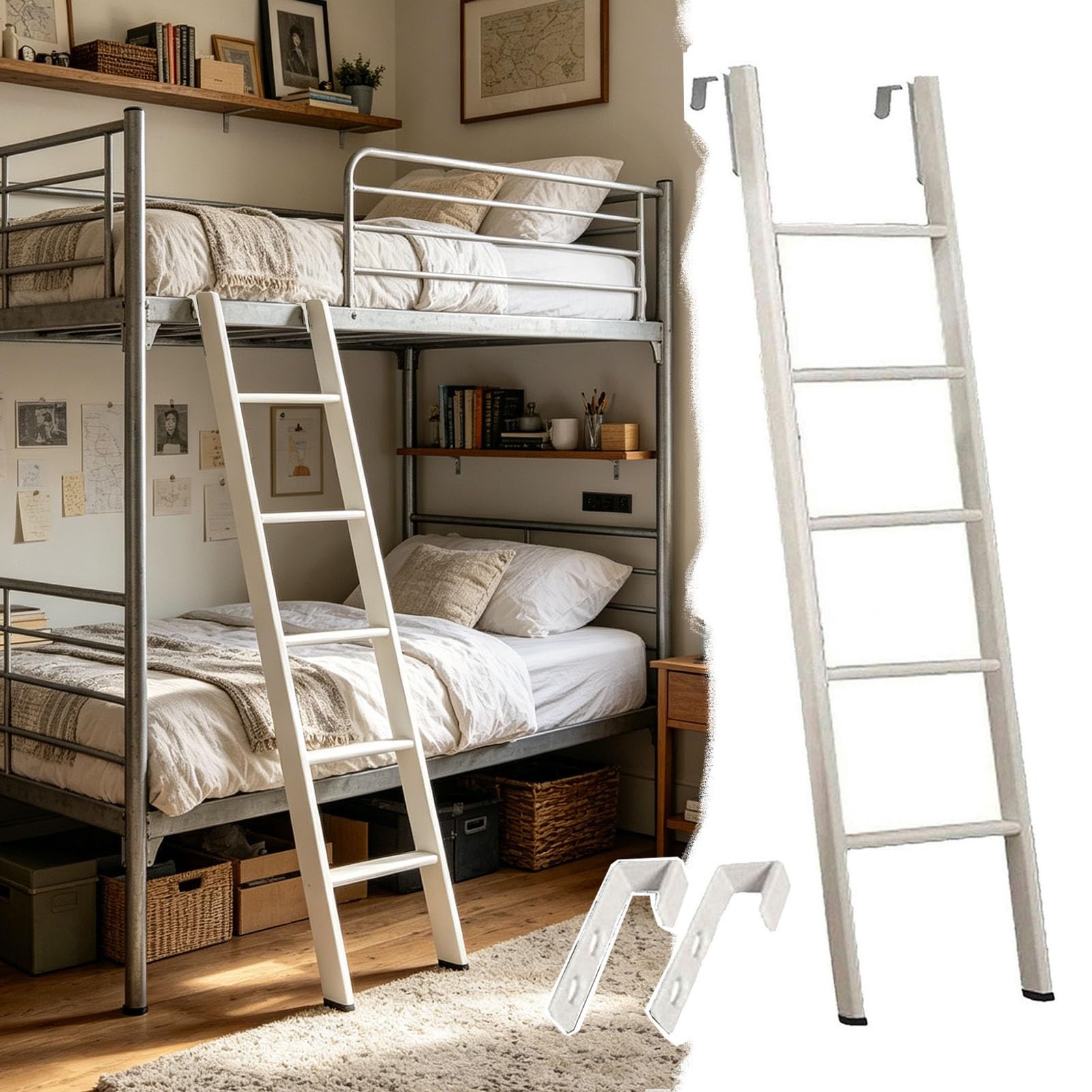 Escalera para litera fija y segura con ganchos para dormitorio infantil