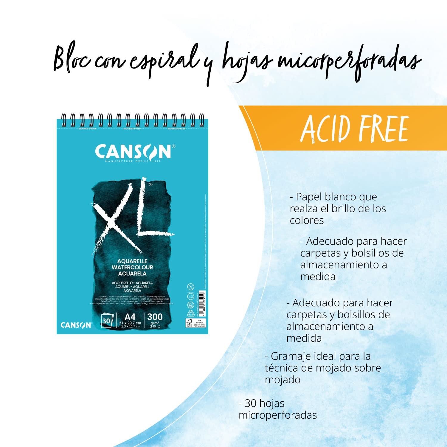 Pack Bloc Canson XL Aquarelle A4 con 30 Hojas, Acuarelas 12 Aquafine Travel Set Daler Rowney y 3 Pinceles Redondos. Set Completo de Acuarela Profesional para Todas las Edades - Ofituria