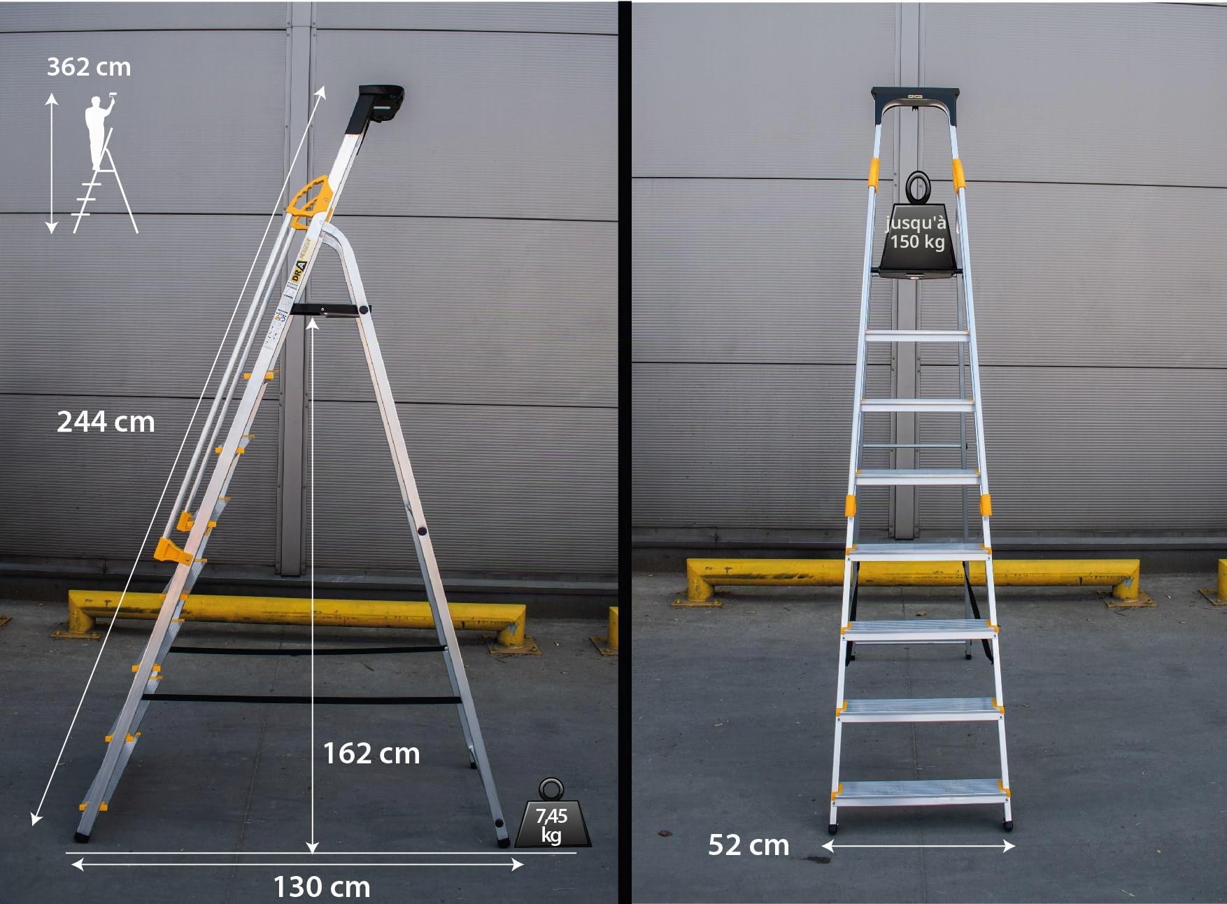 Drabest Échelles Série Pro Escabeau Ménager 8 Marches Aluminium 150 KG 52x239x12 cm