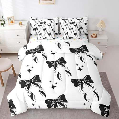Erosebridal Ribbon Bowknot Bed in A Bag Black Bow 7 Piece Bedding Set Watercolor