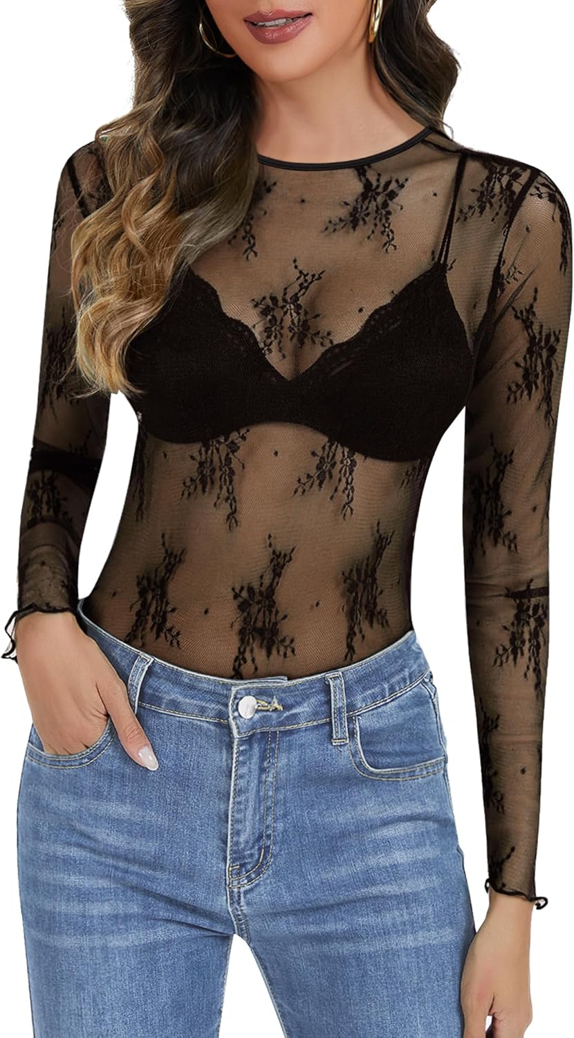 Lace Long Sleeve Tops for Women Mesh Sheer Sexy Undershirt Crew Neck Floral See Through Shirts - Image 2