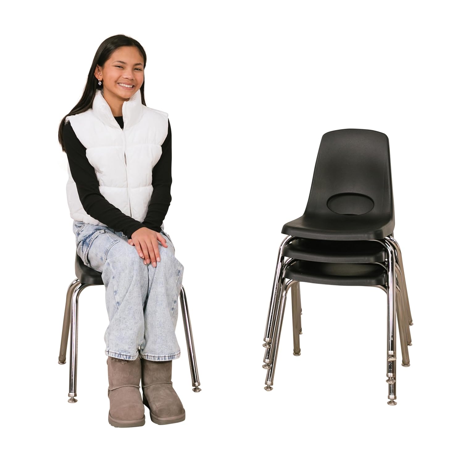 FDP 16" School Stack Chair, Stacking Student Seat with Chromed Steel Legs and Nylon Swivel Glides; for in-Home Learning or Classroom - Black (4-Pack), BK Black 16 inch Swivel Glides