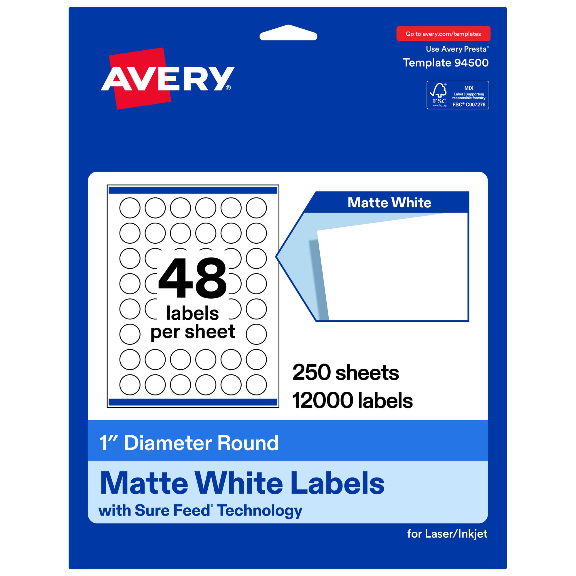 Avery Etichette rotonde bianche opache con alimentazione sicura, diametro 2,5 cm, 12.000 etichette stampabili bianche opache